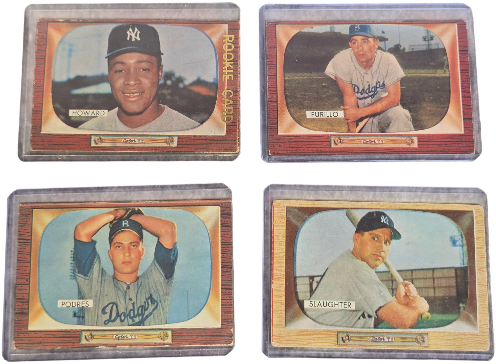 A Collection of 1955 Bowman Baseball Cards Featuring Elston Howard Rookie Card: This collection consists of several original 1955 Bowman baseball cards, known for the Color TV design featuring a woodgrain-patterned border surrounding a television-tube-shaped player portrait. The 