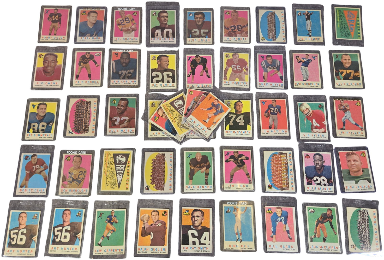 A Collection of 1958 Topps Football Trading Cards Featuring Hall of Famers and Rookie Cards: This collection consists of vintage American football trading cards from the 1958 Topps set. The lot includes several prominent Hall of Fame players, star athletes, and notable rookie cards. Featured 