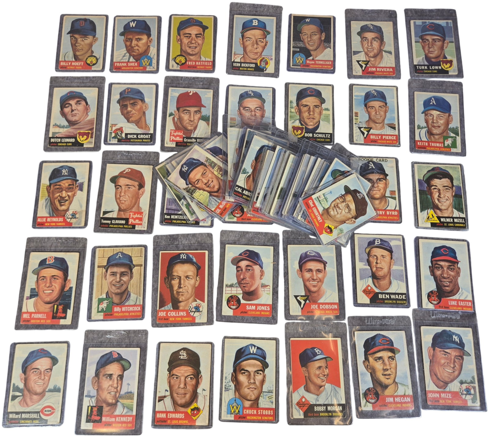 A Large Collection of 1953 Topps Baseball Cards Including Hall of Famers: A large collection of raw vintage baseball cards from the 1953 Topps series. This set is characterized by its artistic hand-painted color lithographic portraits of Major League players. The group incl