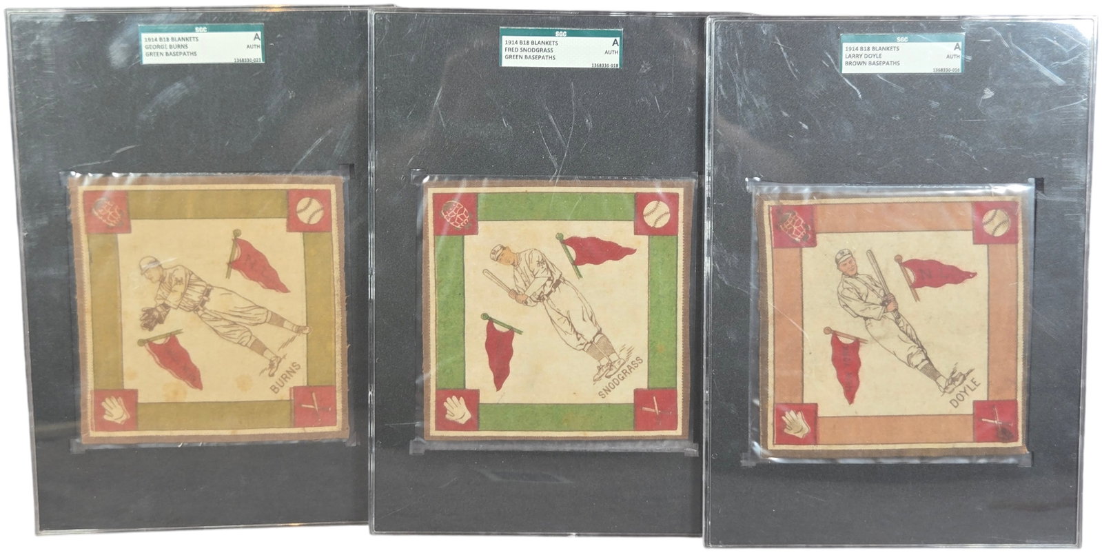 A Trio of 1914 B18 Baseball Tobacco Blankets SGC Authentic New York Giants: A trio of 1914 B18 Baseball Blankets issued as premiums with Egyptienne Straights Cigarettes. This collection features members of the New York Giants, each color-printed on felt cloth and professional