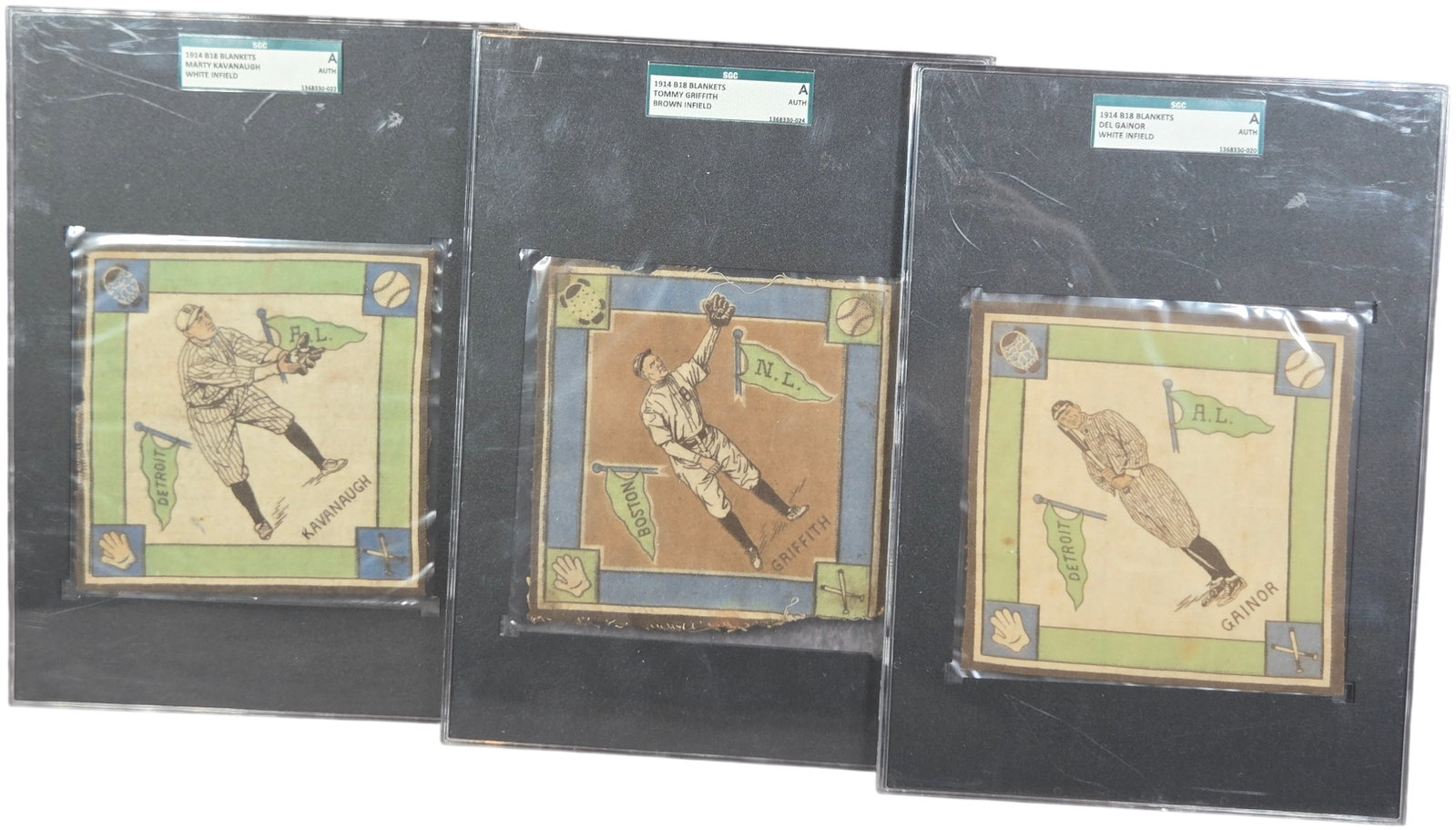 Trio of 1914 B18 Baseball Blankets SGC Authentic Marty Kavanaugh Tommy Griffith and Del Gainor: A trio of vintage 1914 B18 Baseball Blankets originally issued as tobacco premiums in packs of Egyptienne Straights cigarettes. These square textile collectibles are made of felt and are presented in 