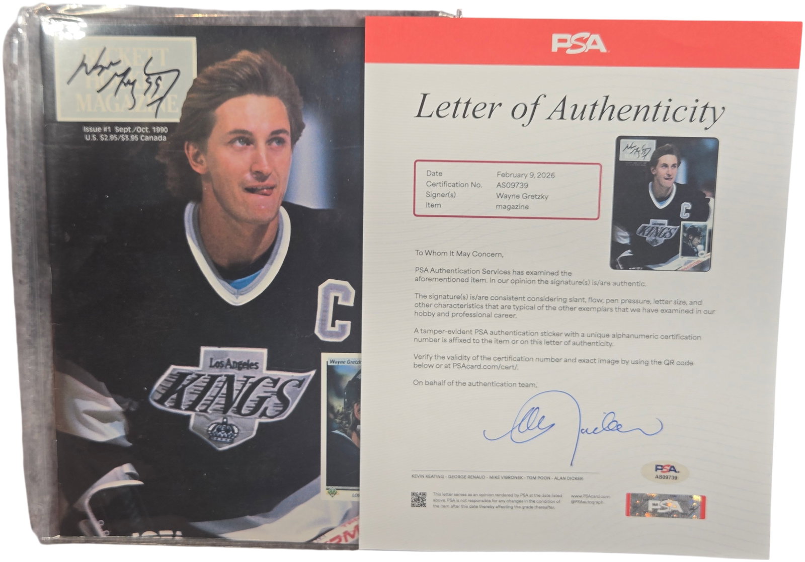 Wayne Gretzky Autographed Beckett Hockey Magazine Issue #1 September/October 1990 with PSA LOA: This item is a hand-signed premier issue of Beckett Hockey Magazine, Issue #1, dated September/October 1990. The magazine cover features a color photograph of NHL Hall of Famer Wayne Gretzky in a blac