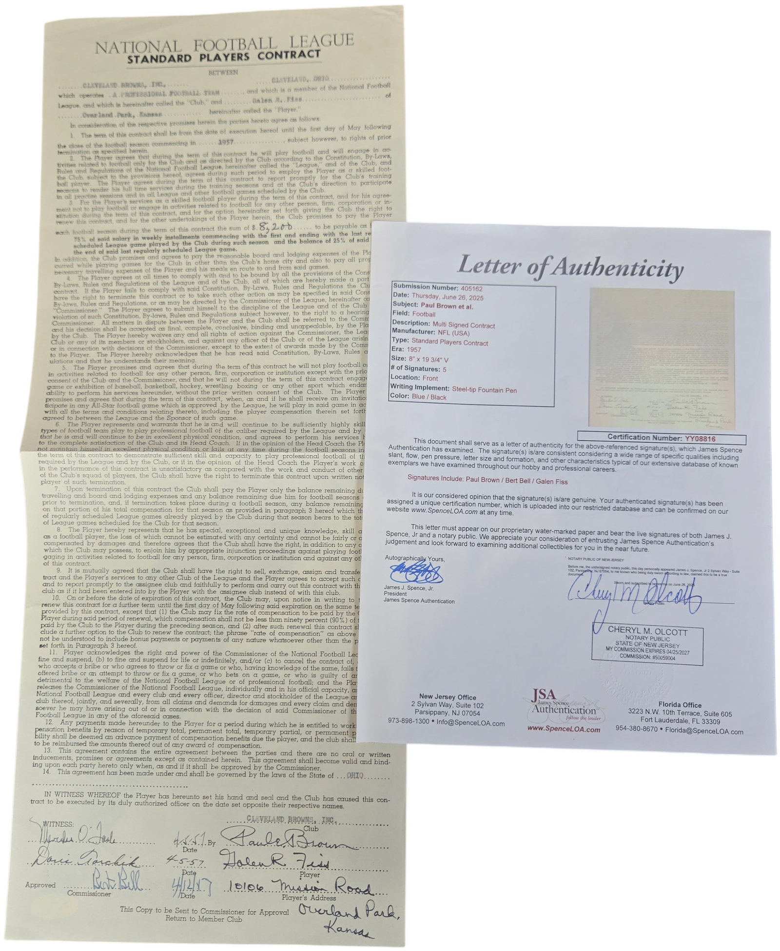 1957 Cleveland Browns NFL Player Contract Galen Fiss Signed by Paul Brown and Bert Bell JSA LOA: This lot features an original two-page National Football League Standard Players Contract for the 1957 season. The legal agreement is between the Cleveland Browns, Inc. and linebacker Galen R. Fiss. T