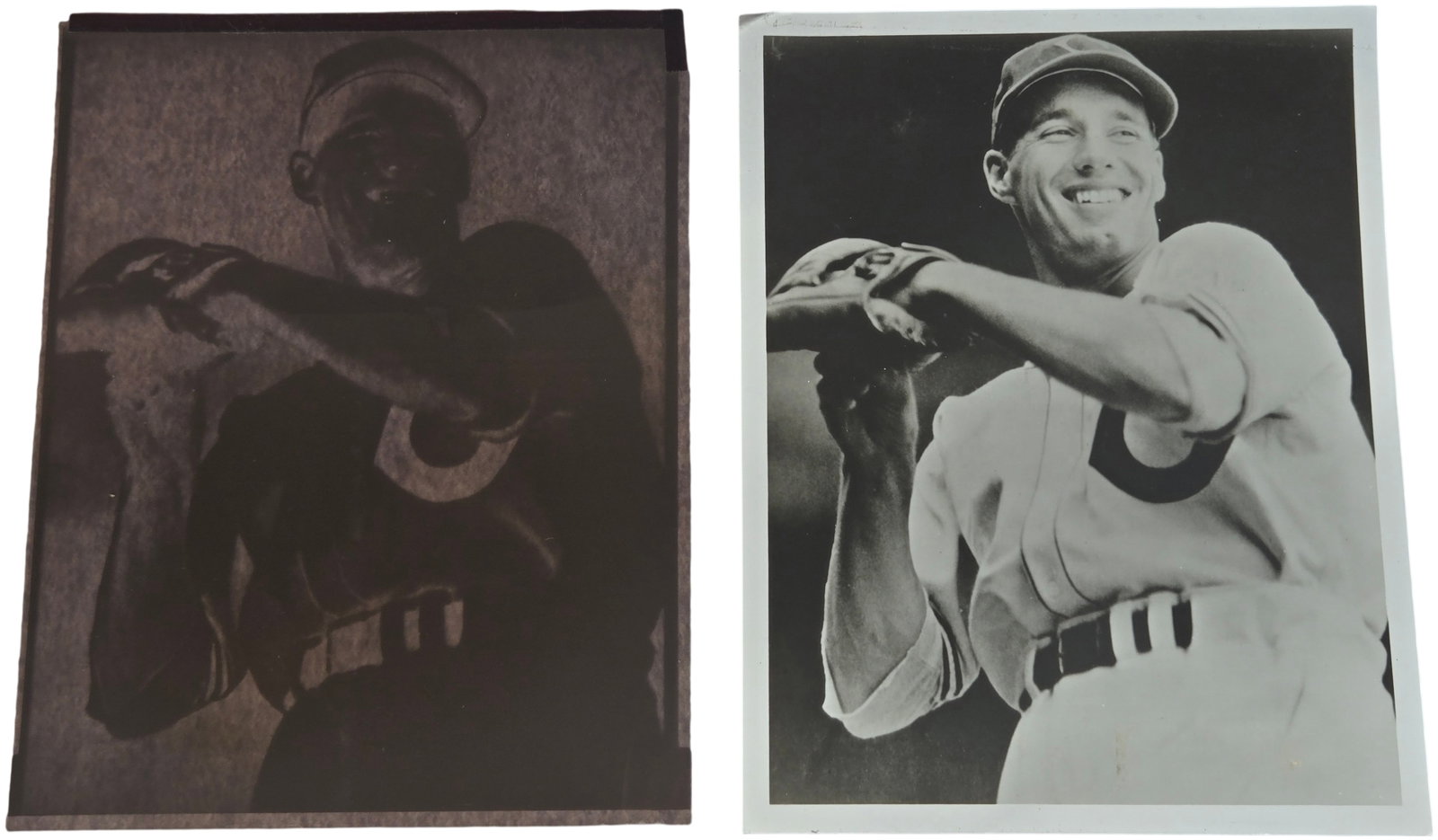 Cleveland Indians Bob Lemon Original Film Negative and Vintage 8x10 Photographic Print: This lot features an original large-format film negative and a corresponding vintage black-and-white photographic print of Cleveland Indians Hall of Fame pitcher Bob Lemon. The image captures Lemon in