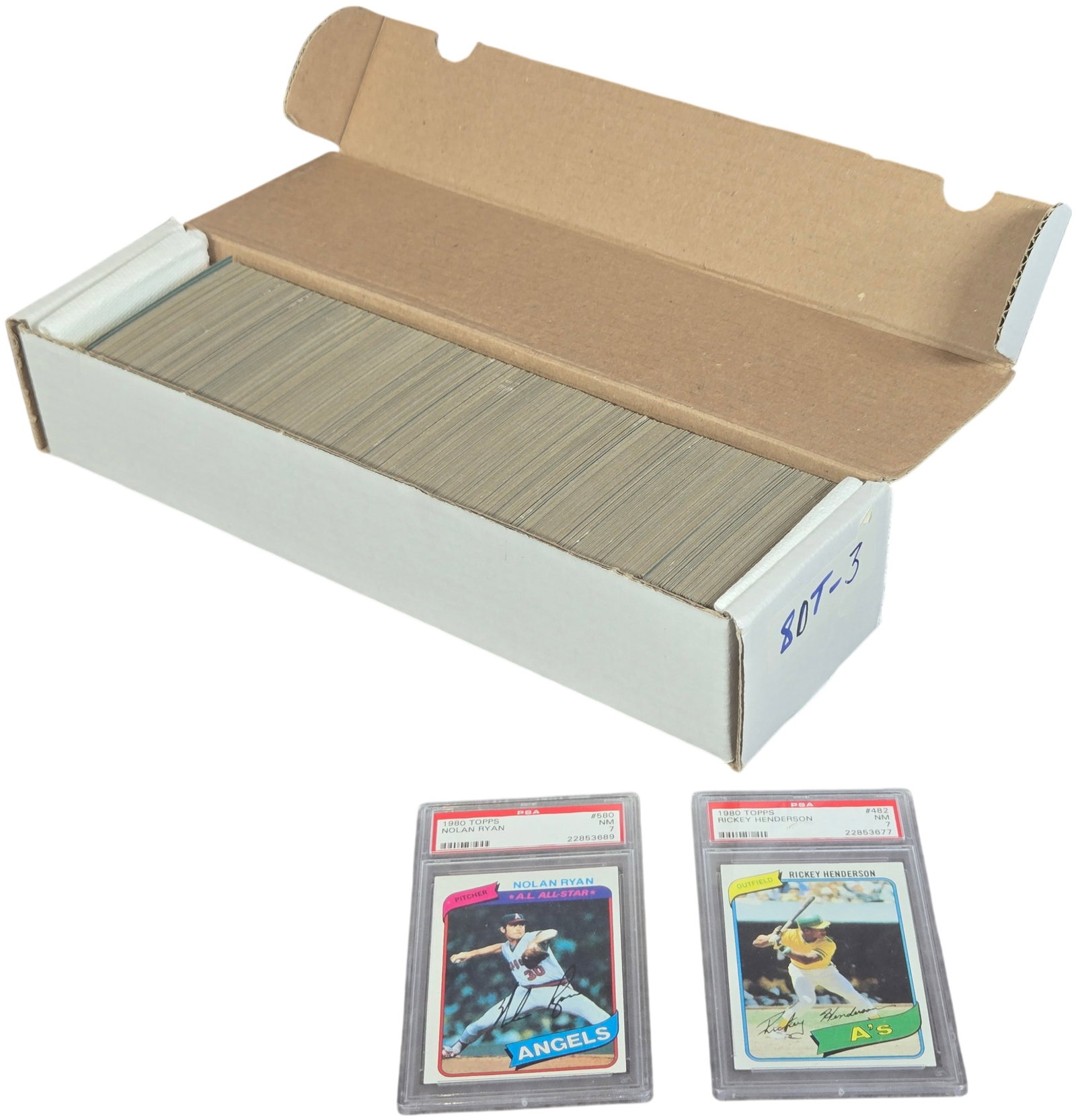 A Collection of 1980 Topps Baseball Cards Including Rickey Henderson Rookie Card and Nolan Ryan PSA (1 of 11)