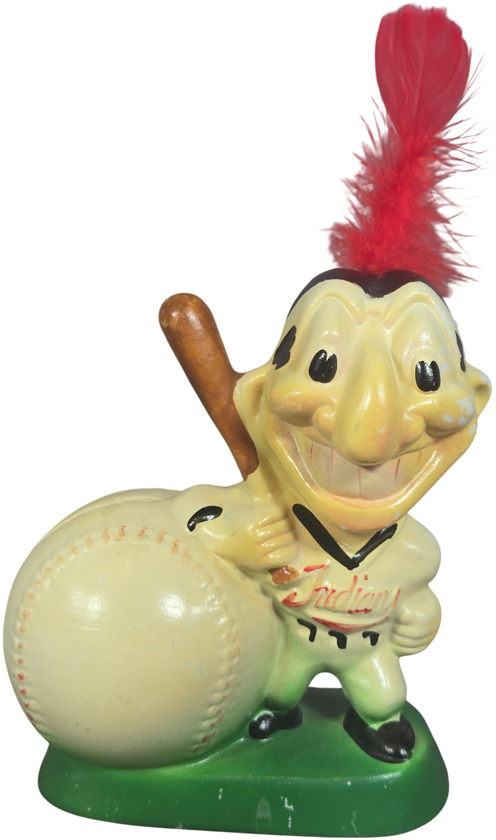 Vintage Gibbs-Conner & Co. Cleveland Indians Chief Wahoo Mascot Baseball Coin Bank: A figural ceramic coin bank manufactured by Gibbs-Conner & Co. featuring the former Cleveland Indians mascot, Chief Wahoo. The caricature is depicted in a baseball uniform with red script lettering on