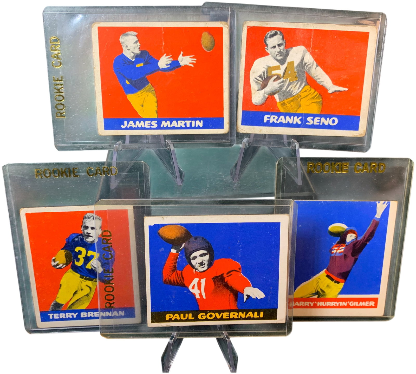 A Collection of Five 1948 Leaf All-Star Football Gum Cards Including A group of Rookie Cards: This lot features a collection of vintage football cards from the landmark 1948 Leaf All-Star Football Gum set, produced by the Leaf Gum Co. of Chicago. The cards utilize a distinctive post-war aesthe