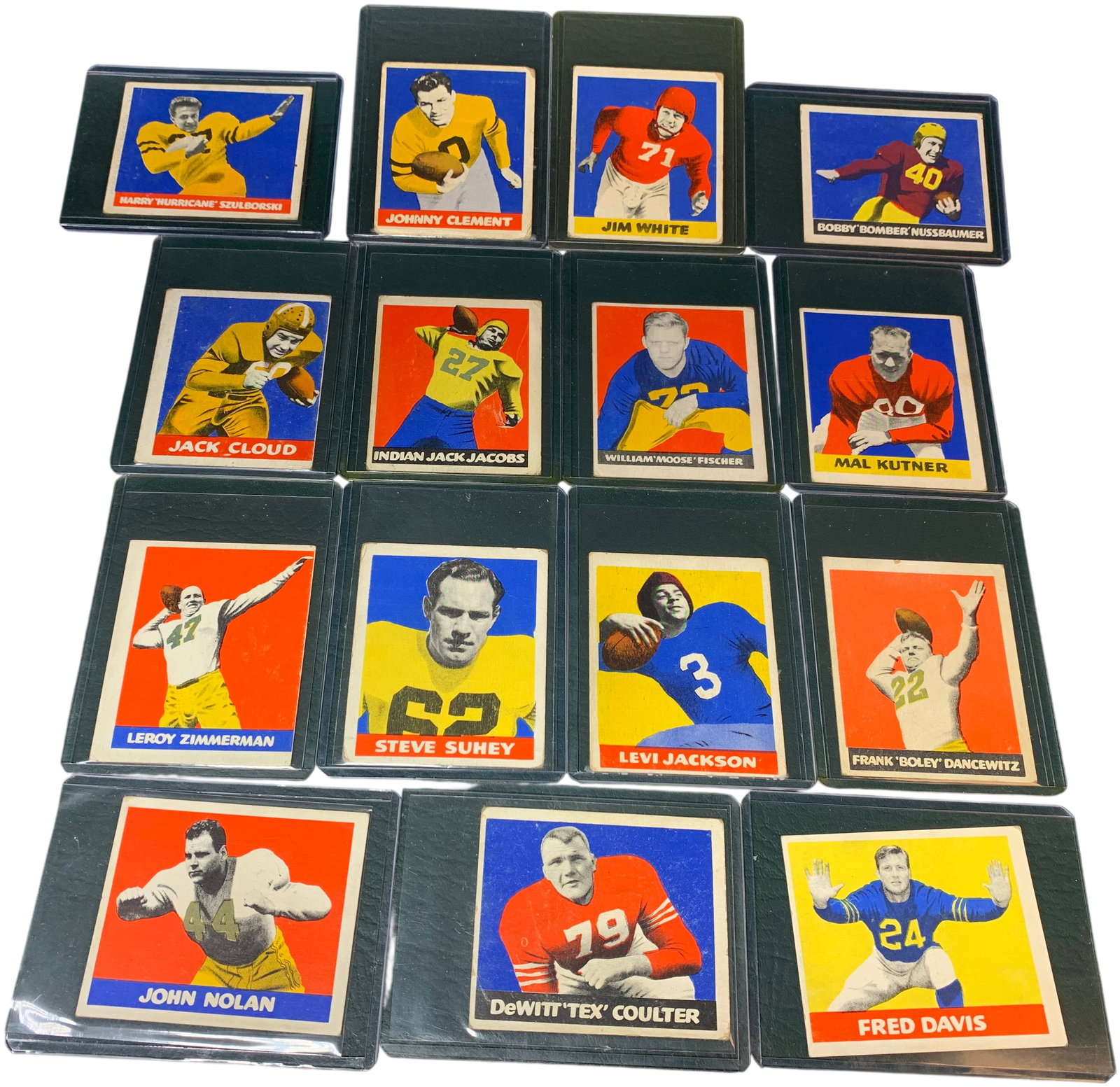 A Collection of Vintage 1948 Leaf Football Cards: A collection of individual vintage American football cards from the 1948 Leaf set, manufactured by the Leaf Gum Company of Chicago. This landmark set represents the first major post-World War II footb