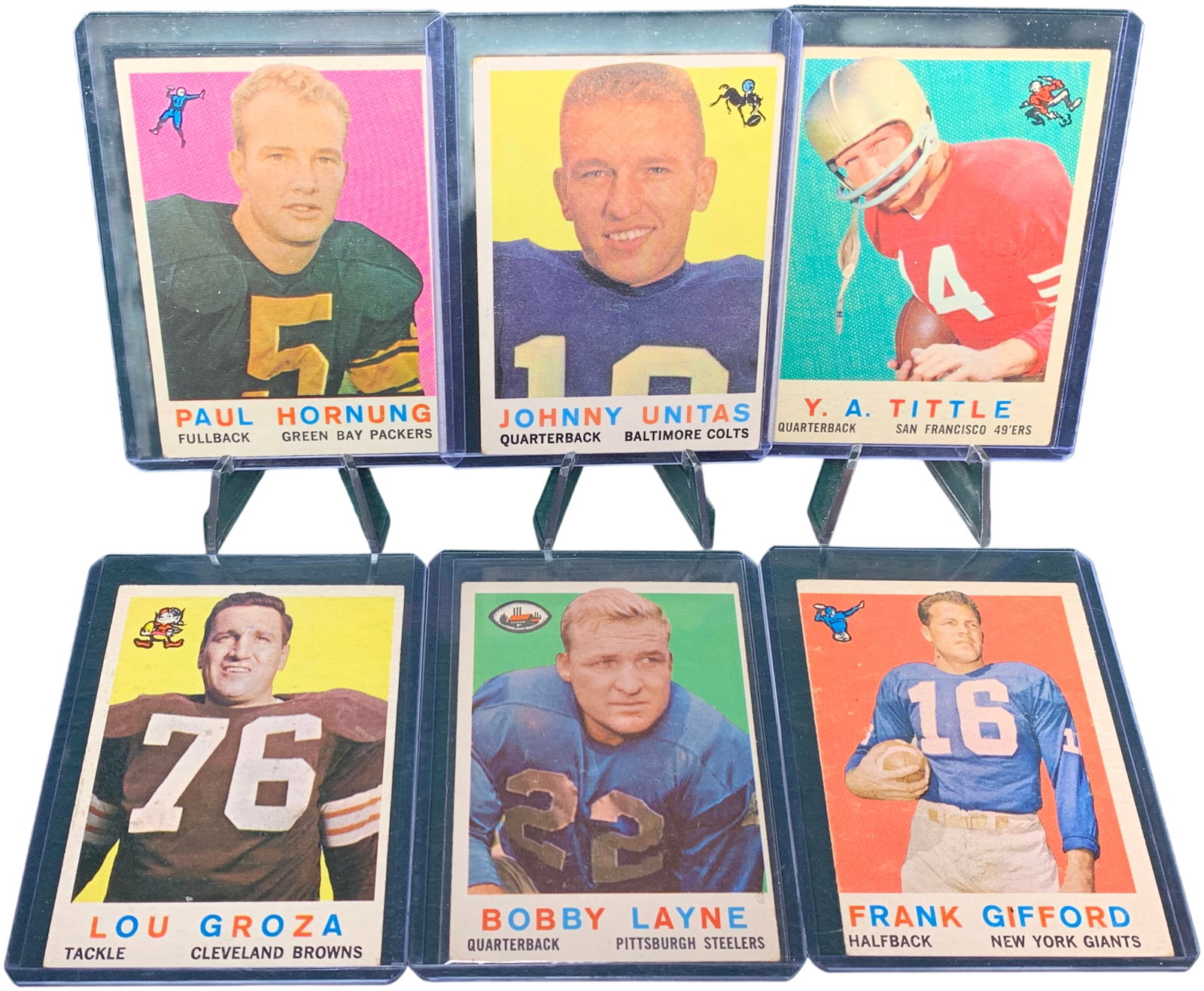 A Collection of 1959 Topps Football Trading Cards Featuring Hall of Fame Players: This group of vintage American football cards is from the 1959 Topps Football set. The collection features several prominent Hall of Fame players, including Johnny Unitas (Baltimore Colts, Card #1), F