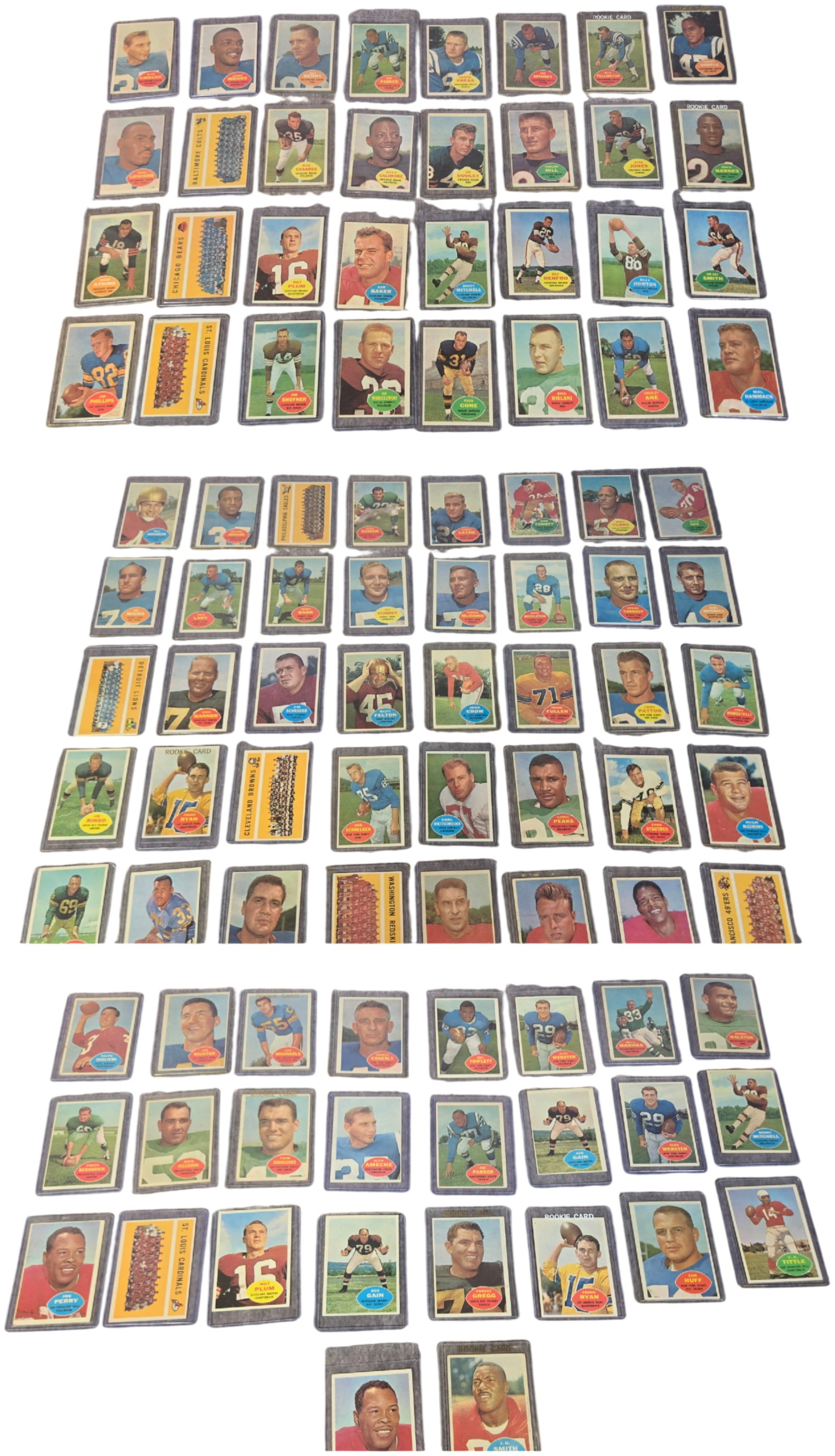 A Collection of Vintage 1960 Topps Football Cards Including Hall of Famers and Rookies: This lot comprises a group of vintage football cards from the 1960 Topps set, featuring cards from both the first and second series. The 1960 Topps set is distinguished by its horizontal layout and co