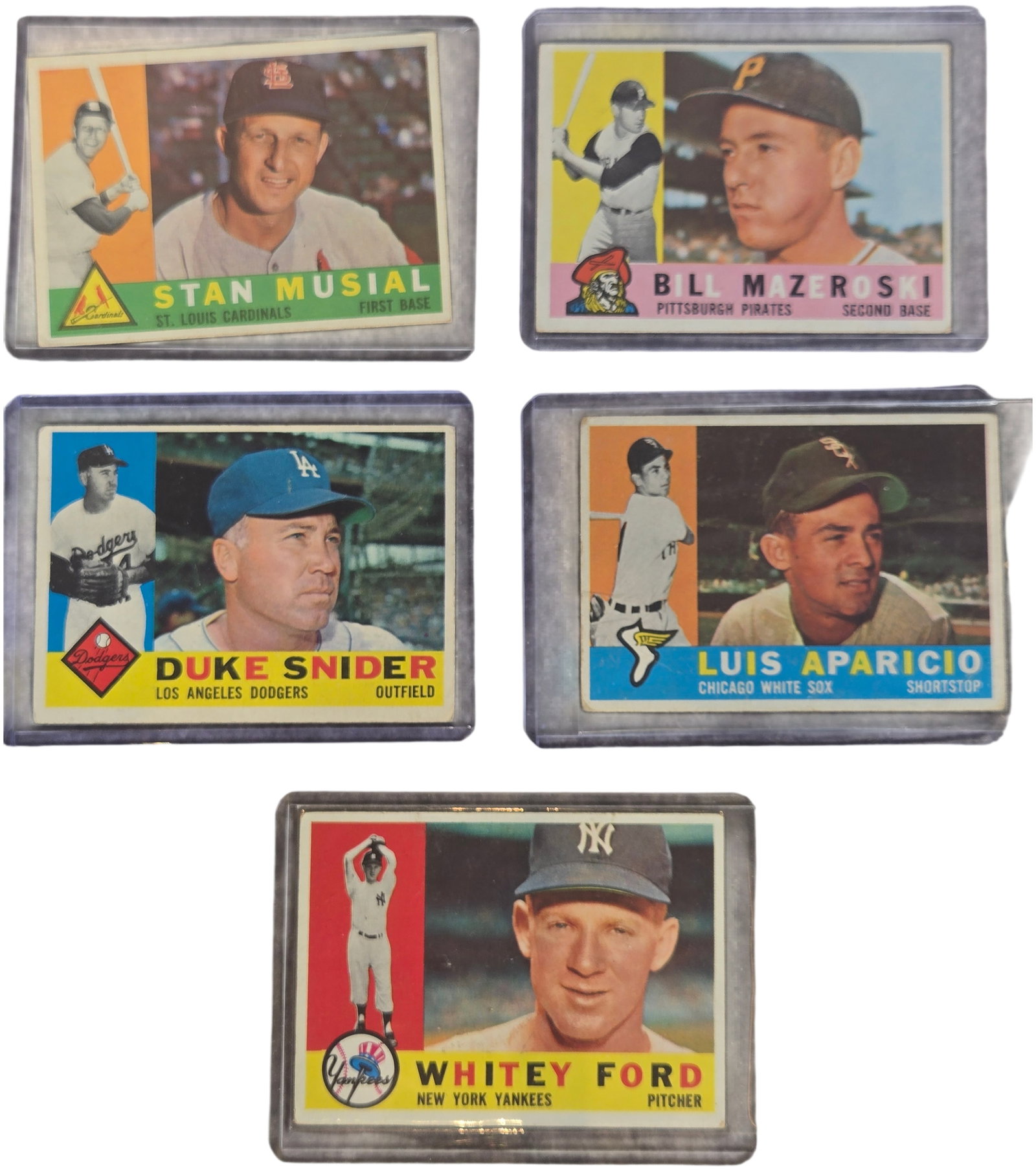 A Lot of Five 1960 Topps Hall of Fame Baseball Cards: A group of vintage baseball trading cards from the 1960 Topps set, all featuring Hall of Fame players. The collection includes card number 35 Whitey Ford (New York Yankees), card number 55 Bill Mazero