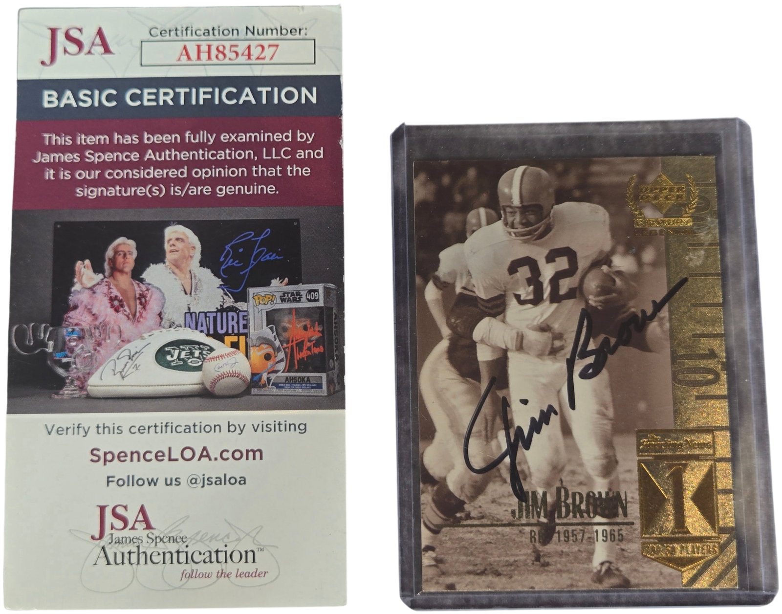 1999 Upper Deck Century Legends Jim Brown Signed Card No. 1 JSA Authenticated: 1999 Upper Deck Century Legends football card featuring Hall of Fame running back Jim Brown, identified as card number 1 from the All-Time Top 50 Players subset. The card front features a sepia-toned 