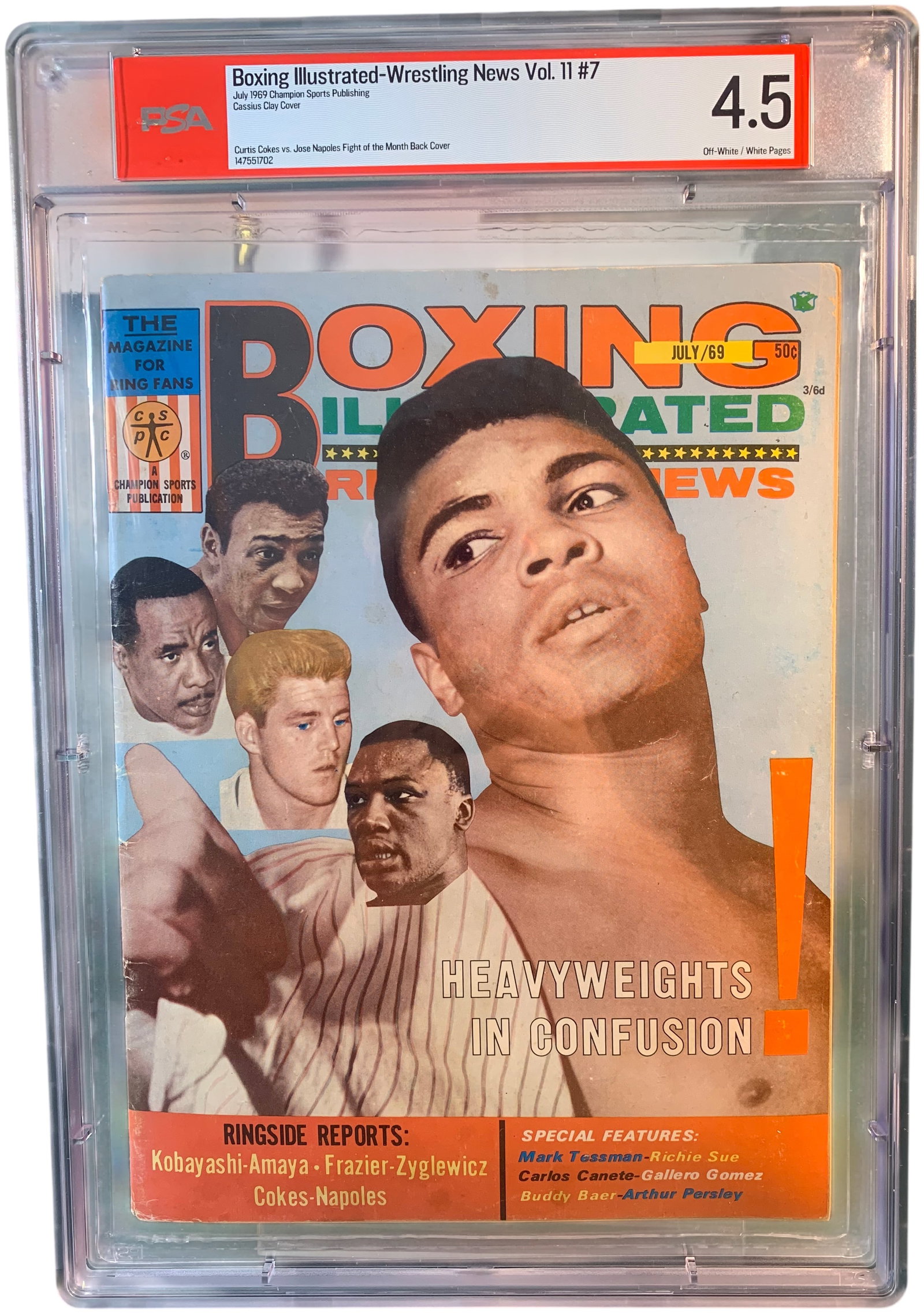 July 1969 Boxing Illustrated-Wrestling News Volume 11 Number 7 Cassius Clay Cover: This is an issue of Boxing Illustrated-Wrestling News magazine, Volume 11, Number 7, issued in July 1969 and published by Champion Sports Publishing. The front cover features a large portrait of Cassi