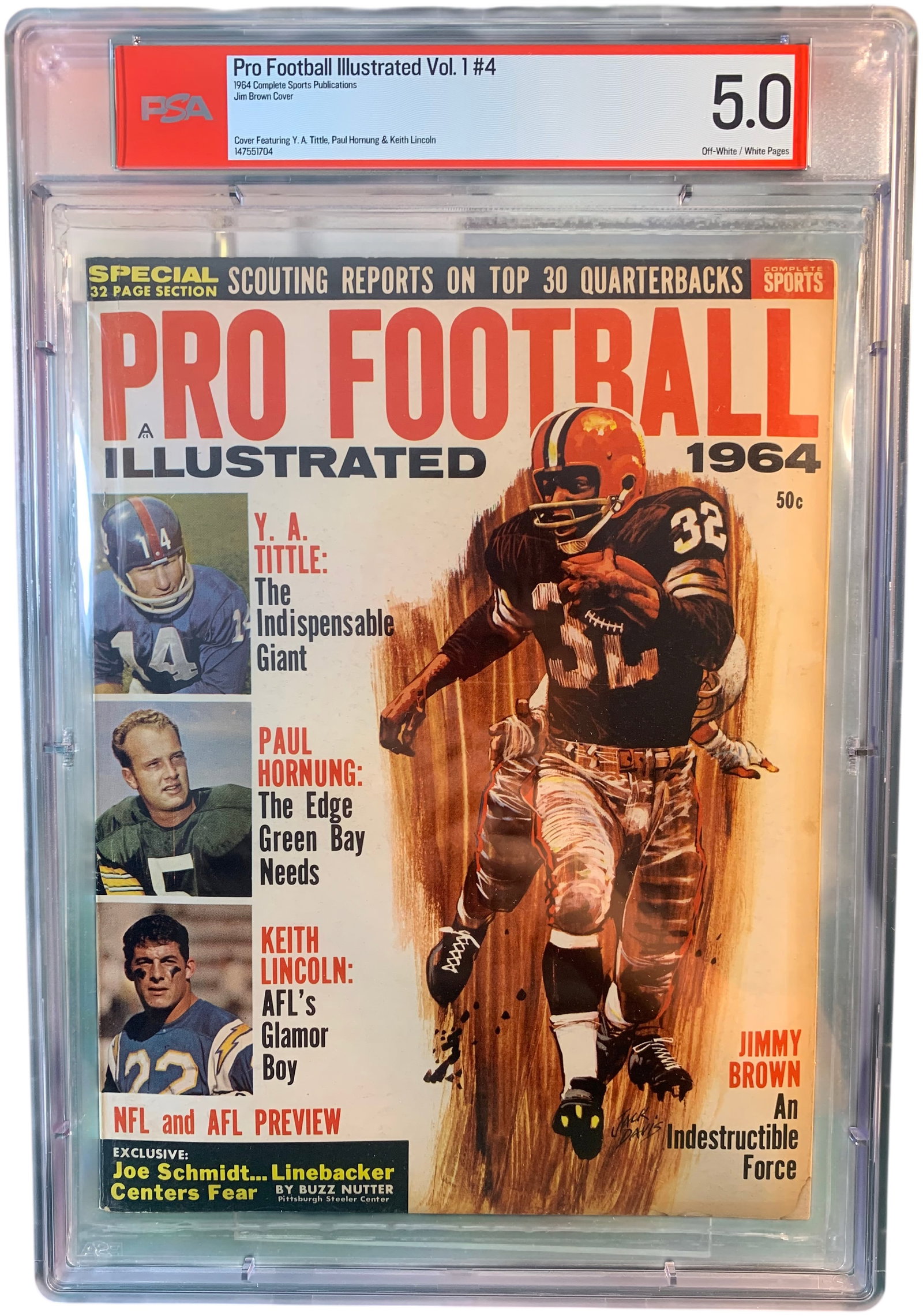 1964 Pro Football Illustrated Volume 1 Number 4 Jim Brown Cover PSA 5.0: This is a PSA-encapsulated copy of Pro Football Illustrated, Volume 1, Number 4, published in 1964 by Complete Sports Publications. The front cover features an action illustration of Cleveland Browns 