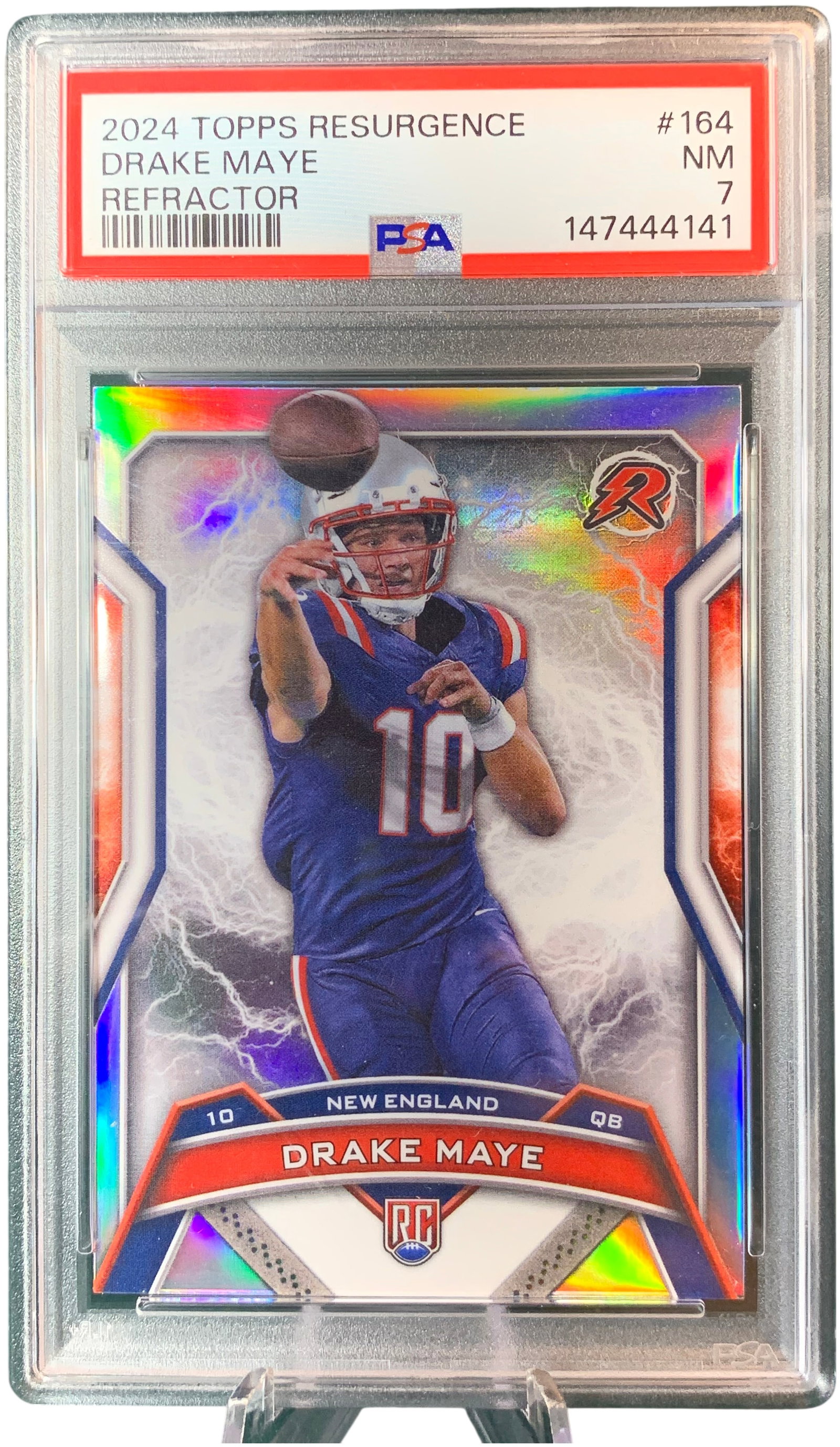 2024 Topps Resurgence Drake Maye Rookie Card #164 Refractor PSA 7 NM: This 2024 Topps Resurgence football trading card features New England quarterback Drake Maye. It is card number 164 in the set and is identified as a rookie card by the RC logo on the front. This card
