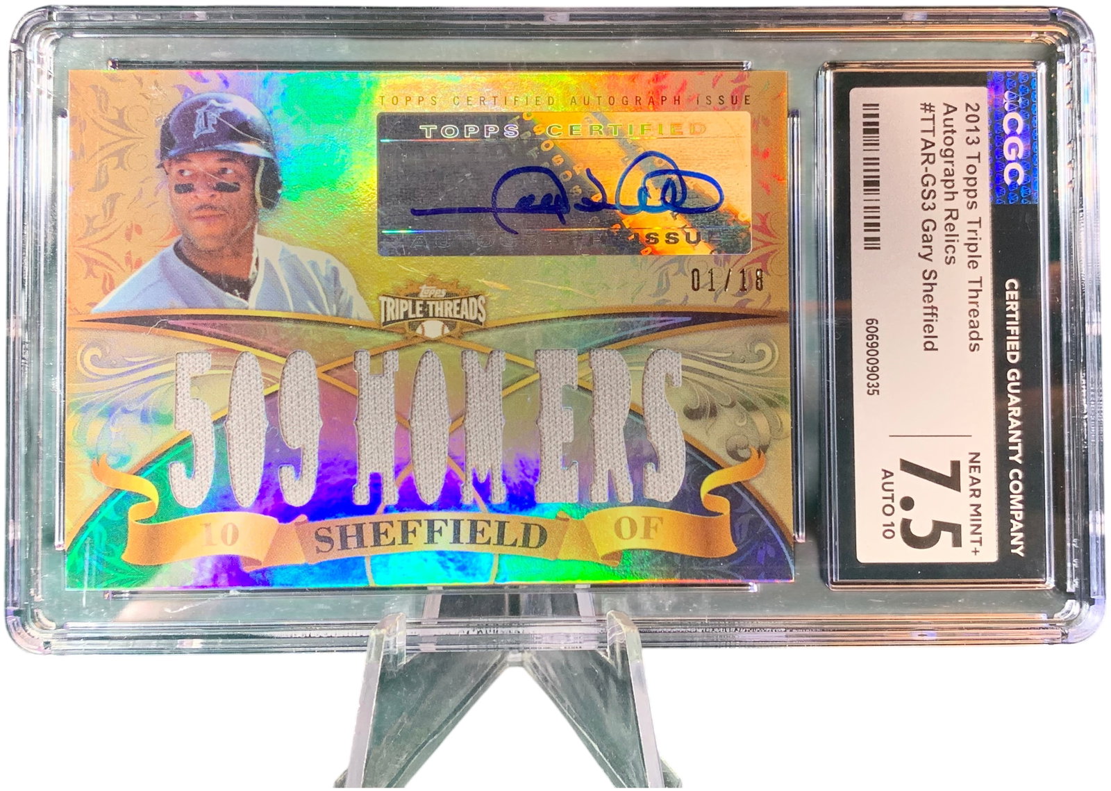 2013 Topps Triple Threads Gary Sheffield Autograph Relic #TTAR-GS3 Serial 01/18 CGC 7.5 Auto 10: This professionally graded trading card is a 2013 Topps Triple Threads Gary Sheffield Autograph Relic, card number TTAR-GS3. The card features Sheffield in a Florida Marlins uniform set against a vibr