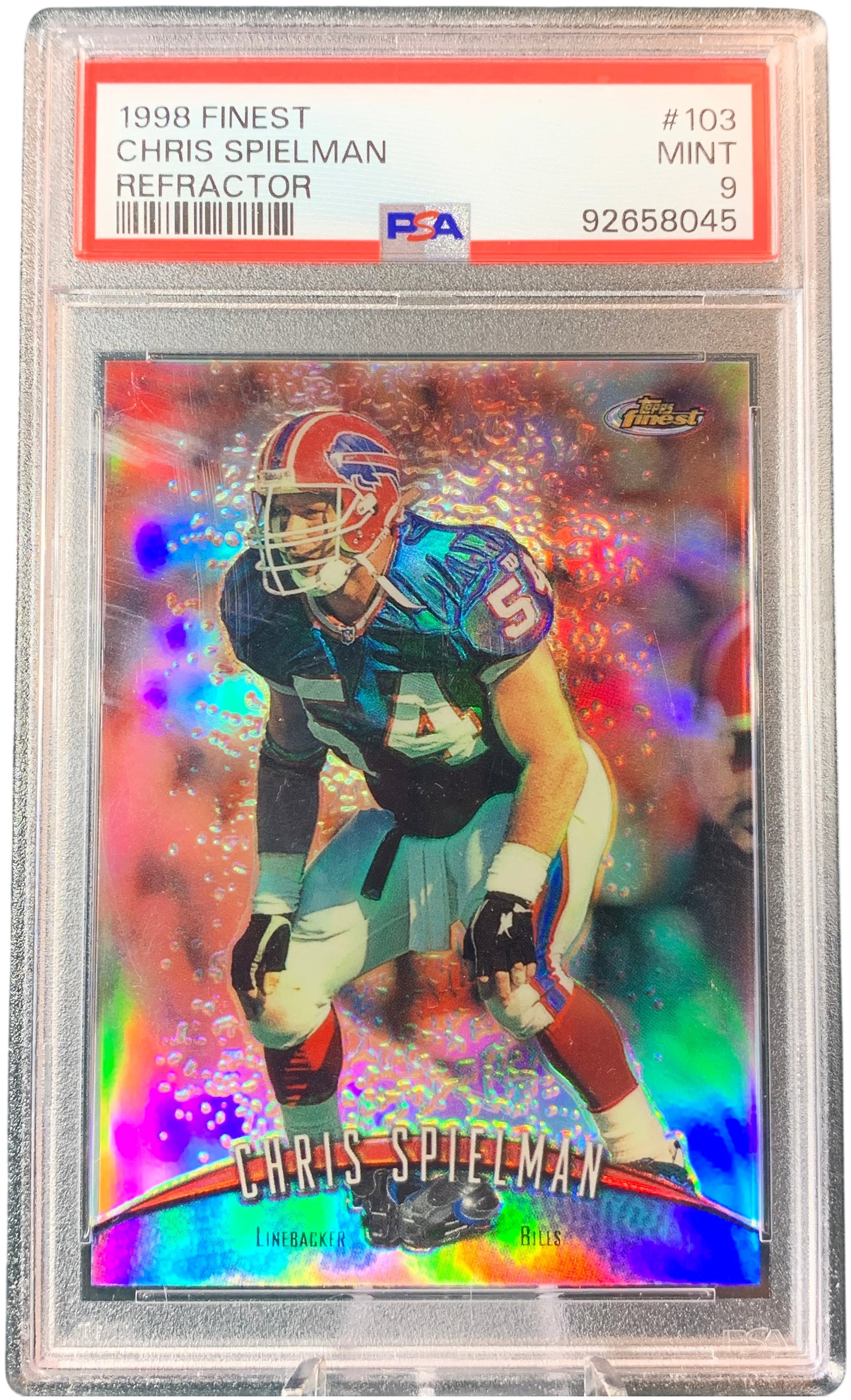 1998 Topps Finest Chris Spielman Refractor #103 Football Card PSA MINT 9: This 1998 Topps Finest football card features linebacker Chris Spielman of the Buffalo Bills, identified as card number 103. The card is a Refractor parallel, characterized by its distinctive rainbow-