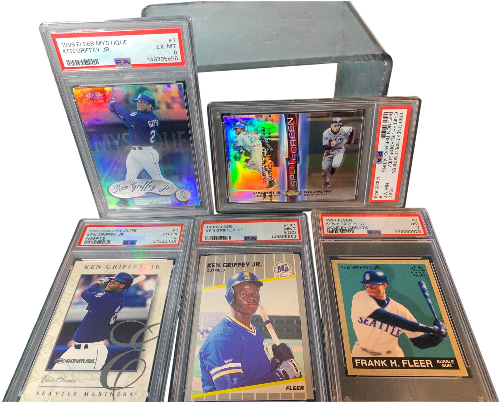 A Group of Graded Ken Griffey Jr. Baseball Cards Including 1989 Fleer Rookie Card: A collection of professionally graded baseball cards featuring Major League Baseball Hall of Famer Ken Griffey Jr., issued between 1989 and 1999. All cards are authenticated and graded by Professional