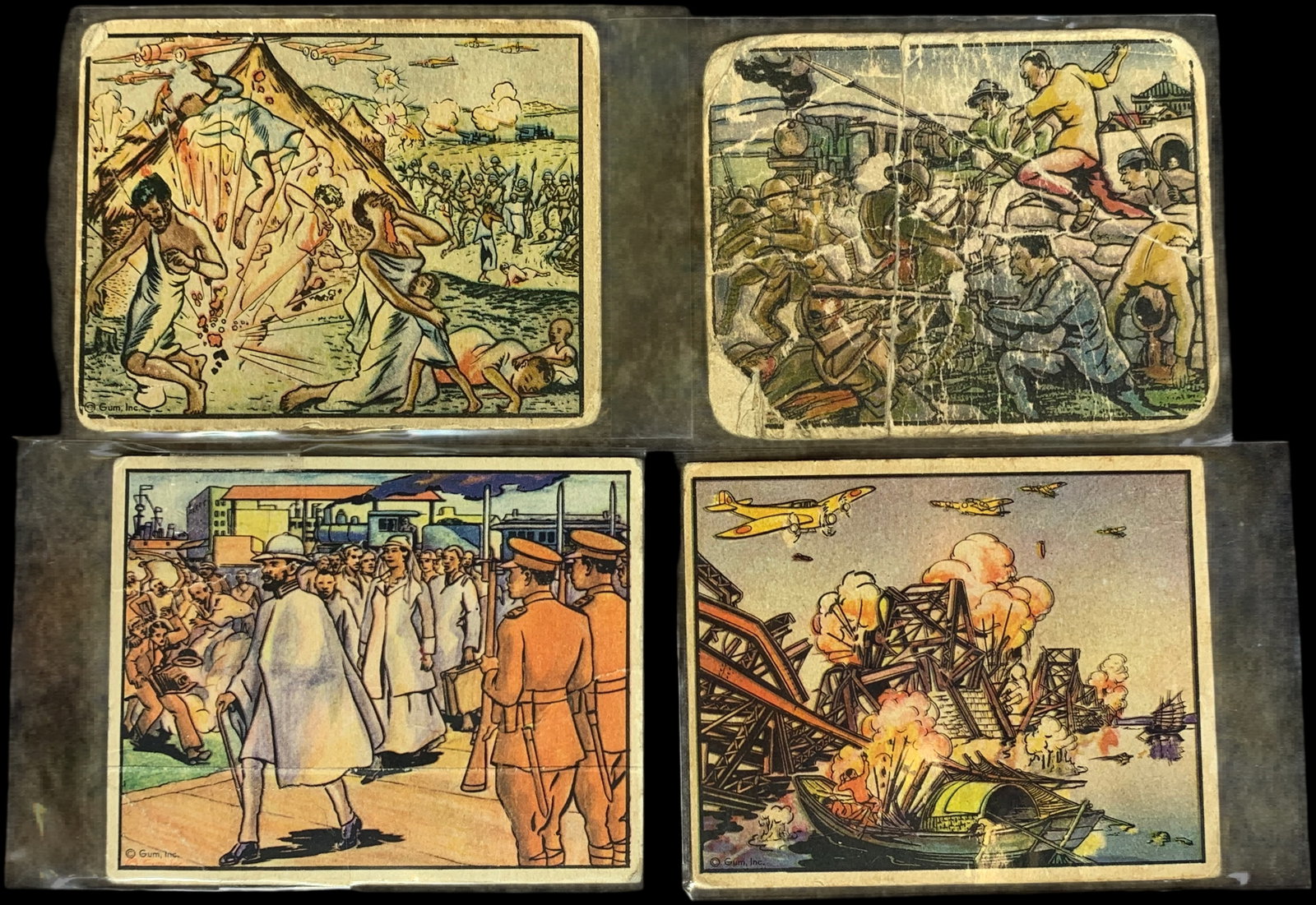 A Group of 1938 Gum Inc. Horrors of War Non-Sport Trading Cards: A group of vintage non-sport trading cards from the 1938 Horrors of War series produced by Gum, Inc. of Philadelphia, Pennsylvania. This historically significant set is known for its graphic illustrat