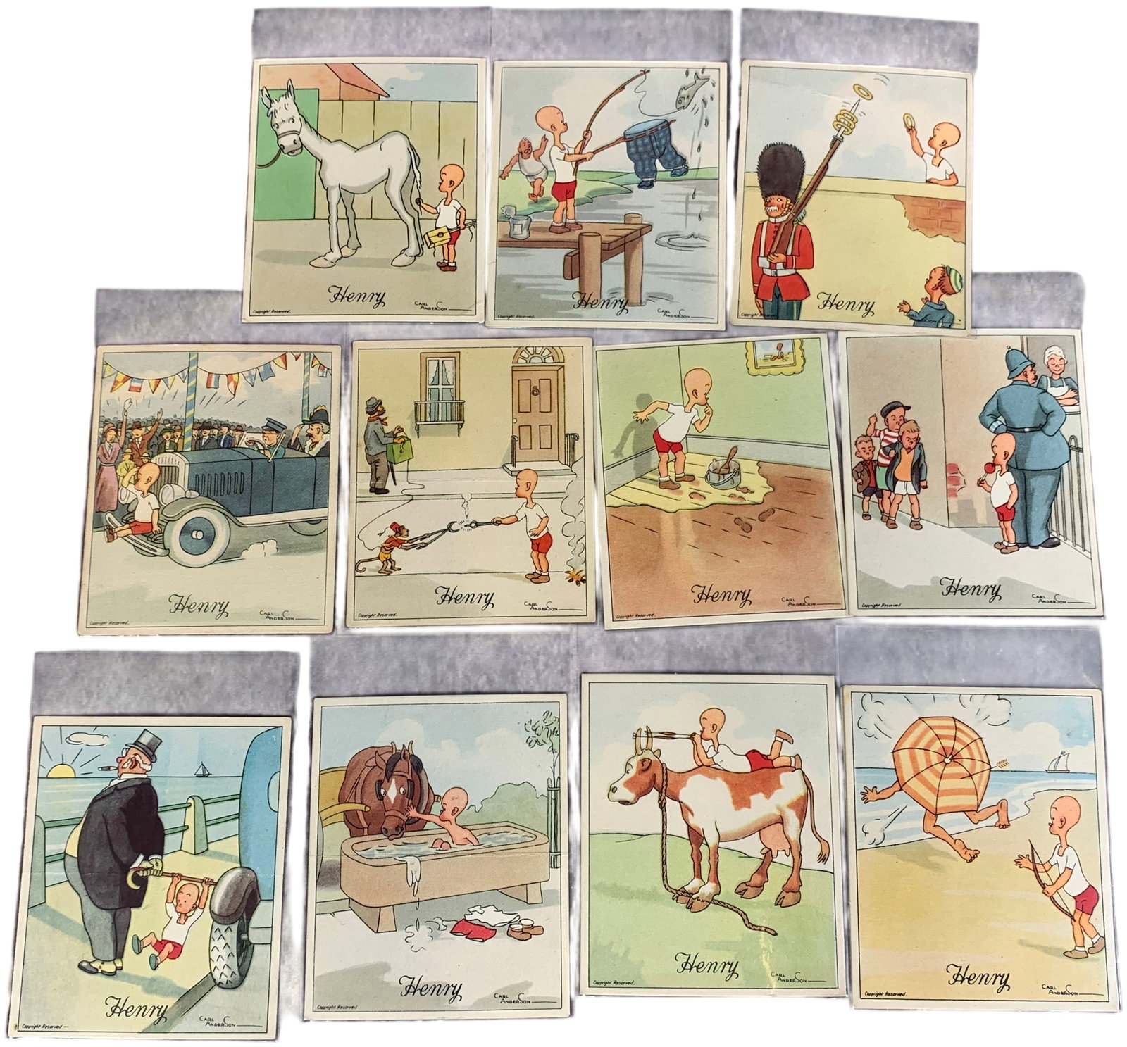 A Collection of J. Wix and Sons Kensitas Henry Tobacco Trade Cards: A collection of vintage tobacco trade cards from the series titled Henry's Adventures, published by J. Wix and Sons, Ltd. for Kensitas Cigarettes. The cards feature humorous illustrations by American 