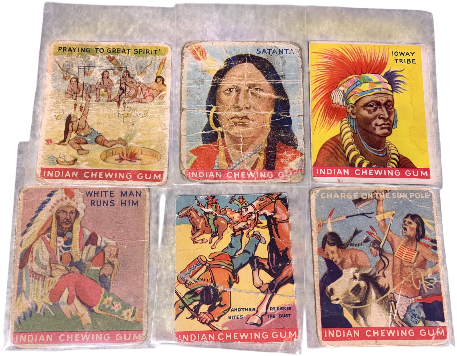 A Collection of Six 1933 Goudey Indian Chewing Gum Cards: A collection of vintage non-sports trading cards from the Indian Chewing Gum series produced by the Goudey Gum Co. of Boston, Massachusetts. This lot consists of individual cards featuring color illus