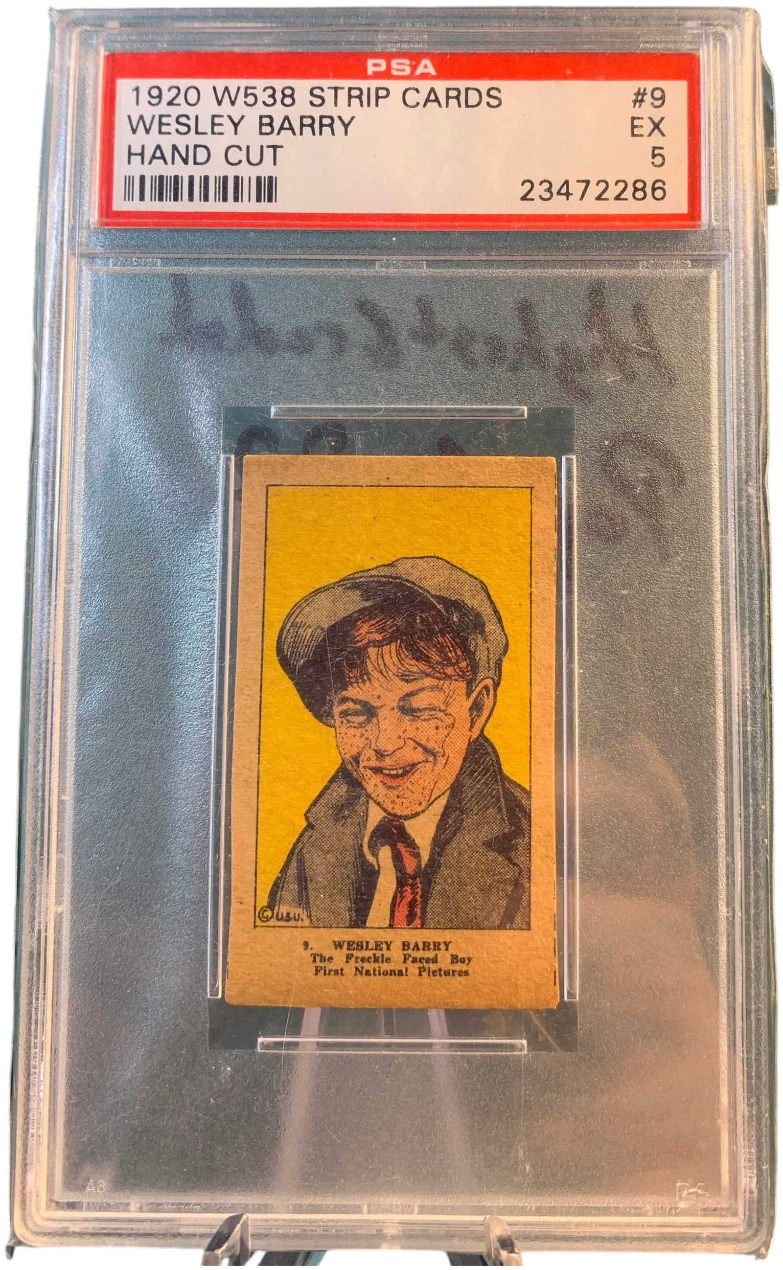 1920 W538 Strip Cards Wesley Barry #9 Hand Cut PSA 5 EX Certification Number 23472286: This is a vintage 1920 W538 strip card featuring Wesley Barry, identified on the card as The Freckle Faced Boy of First National Pictures. The card is professionally graded and encapsulated by PSA (Pr
