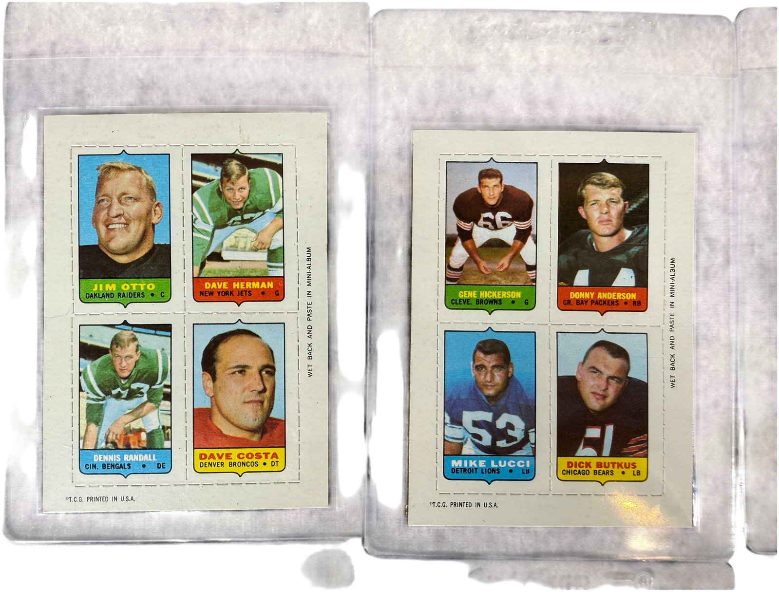 A Collection of 1969 Topps 4-in-1 Football Stamp Panels Including Hall of Famers: This collection consists of multiple unseparated four-stamp panels from the 1969 Topps 4-in-1 Football set. Originally issued as inserts in wax packs, these panels feature a group of individual player