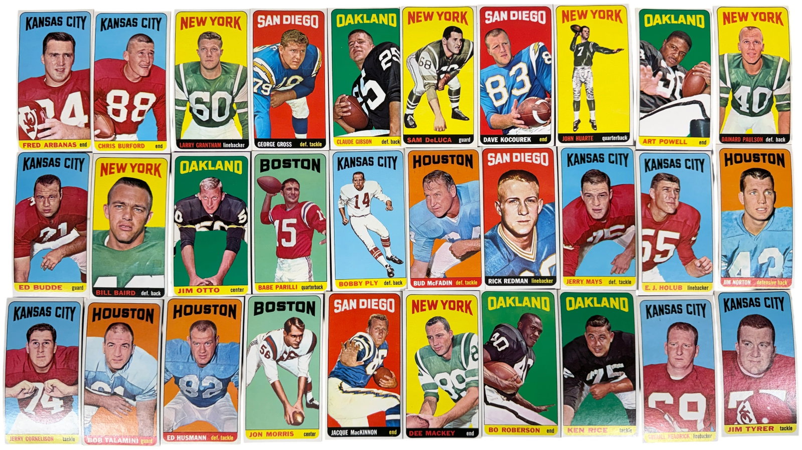 A Collection of 1965 Topps Football Tall Boy Trading Cards: This collection consists of vintage American football trading cards from the 1965 Topps football set, historically referred to as the Tall Boy set because of the oversized format. The cards feature a 