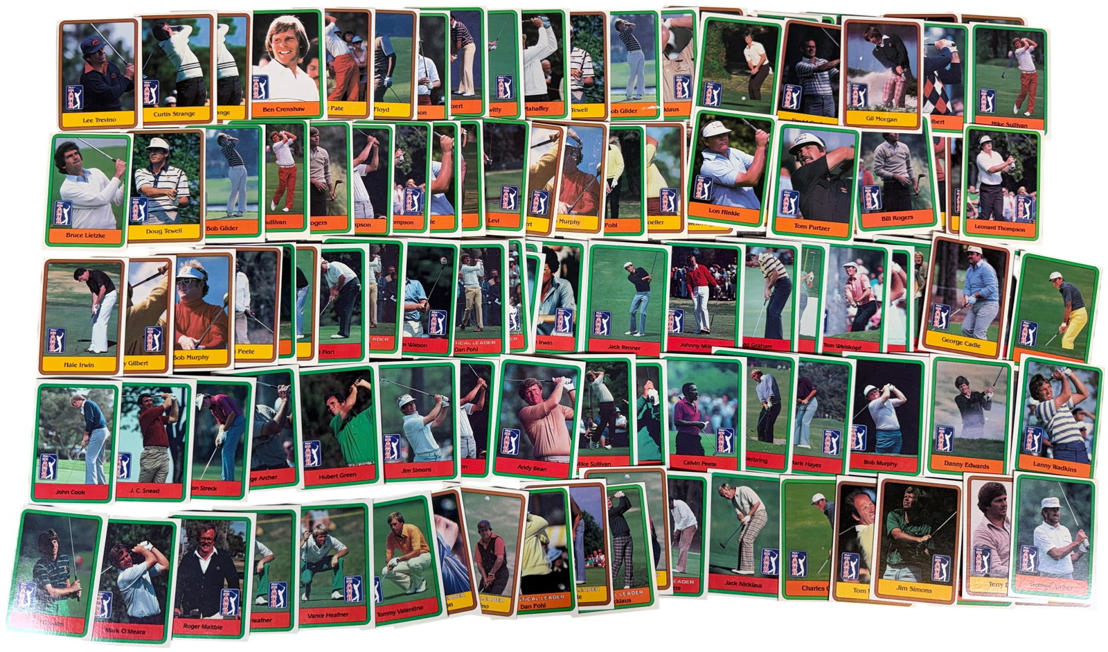 A Collection of 1981 Donruss PGA Tour Golf Trading Cards Including Jack Nicklaus and Rookie Cards: This collection contains a group of trading cards from the 1981 Donruss PGA Tour golf series. The lot includes a mix of base cards characterized by green borders and statistical leader cards with oran