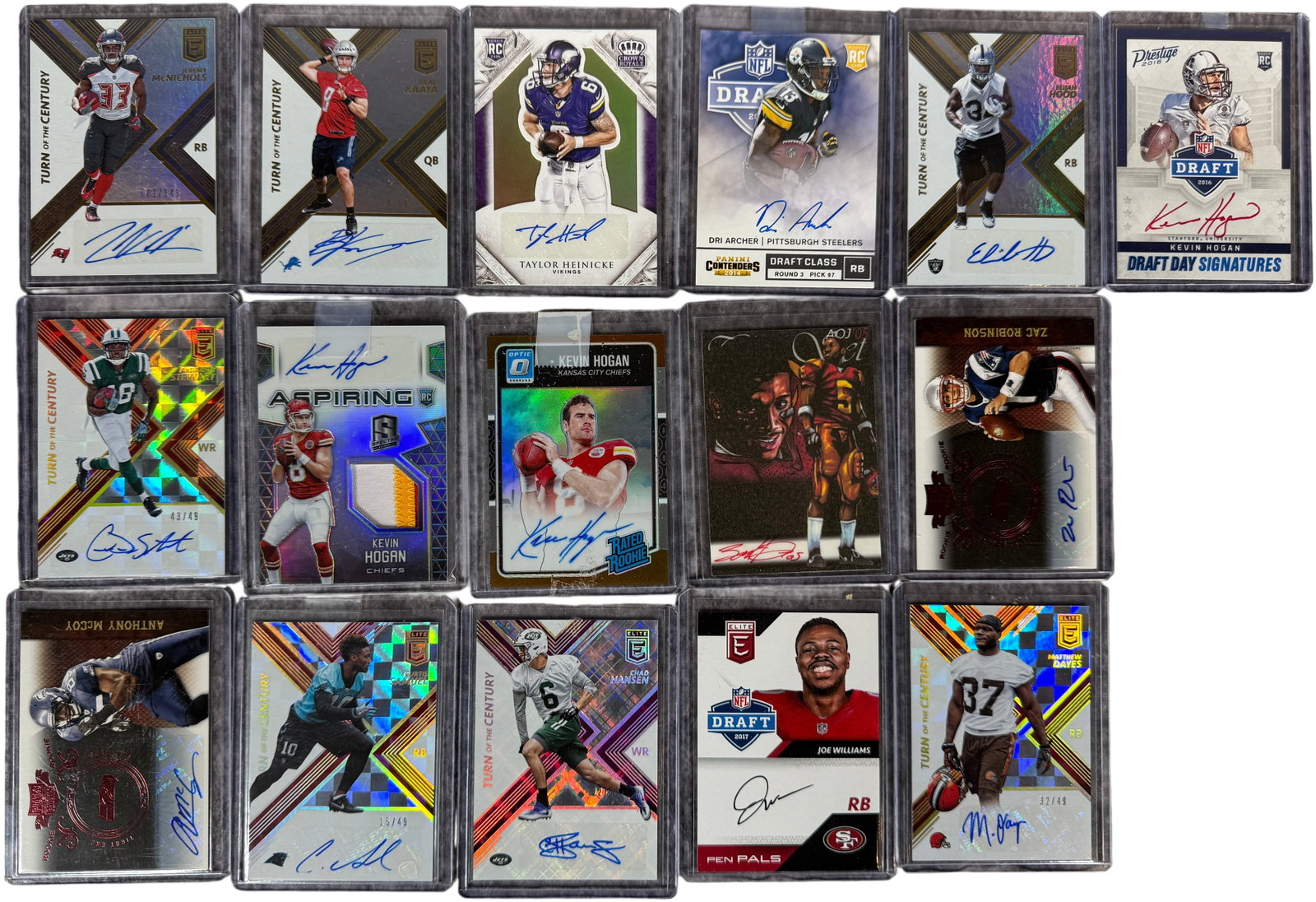 A Collection of Modern NFL Autographed Rookie and Parallel Trading Cards: A collection of modern NFL trading cards, primarily featuring autographed rookie cards and limited edition parallels produced between 2010 and 2017. The assembly includes multiple releases from Panini