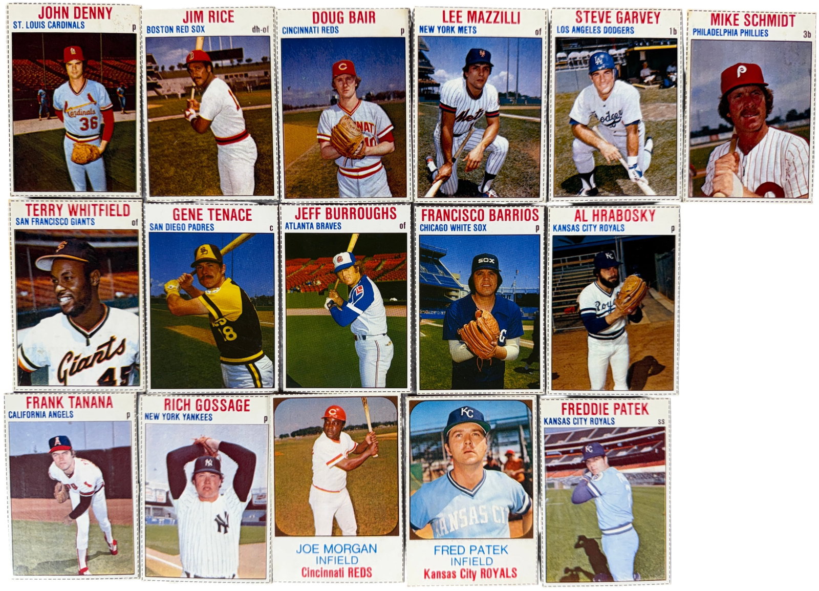 A Collection of Vintage 1978 and 1979 Hostess Baseball Cards Including Hall of Famers: This lot features a collection of 16 vintage baseball cards produced by Hostess in the late 1970s. Originally appearing on the reverse of snack food packaging, these cards were designed to be hand-cut