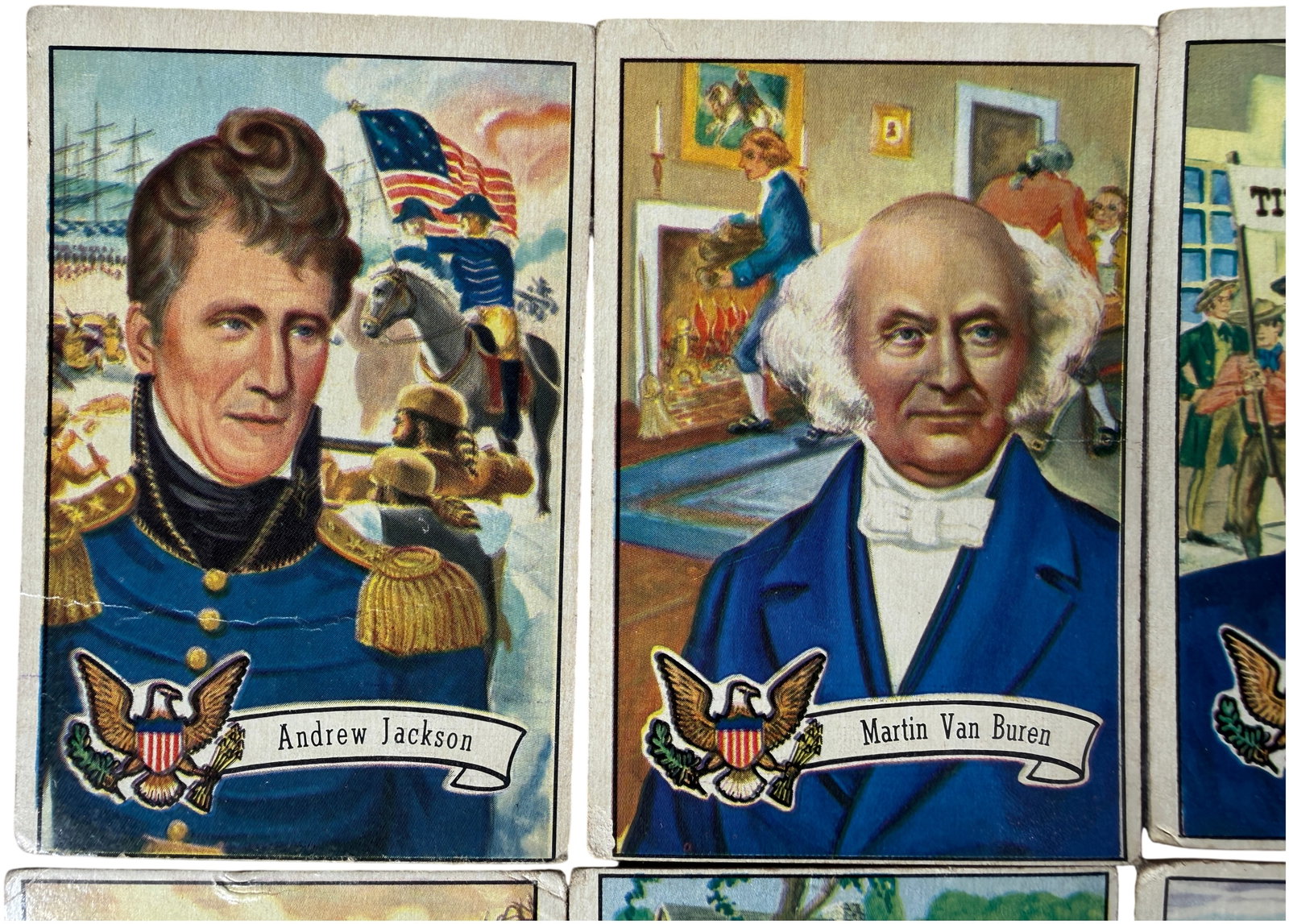 A Group of 1952 Bowman U.S. Presidents Collector Series Trading Cards: A collection of vintage color lithographed trading cards from the U.S. Presidents Collector Series, produced by Bowman Gum. Each card features a portrait of a United States President on the obverse, r