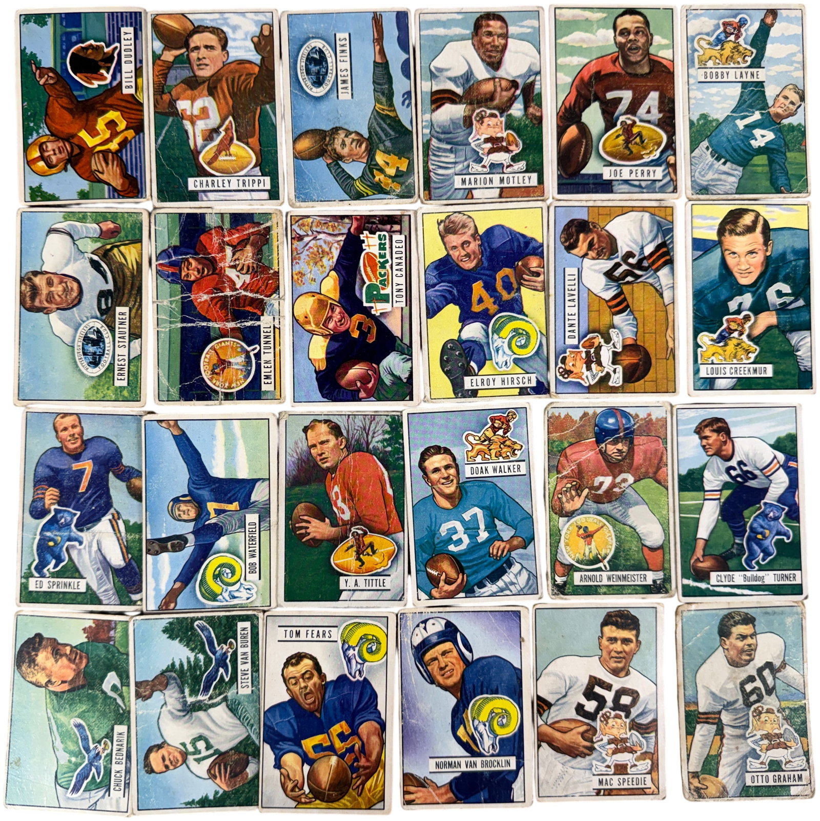 A Collection of 1951 Bowman Football Cards Including Hall of Famers and Rookies: A collection of original vintage American football trading cards from the 1951 Bowman series produced by Bowman Gum, Inc. The cards feature color illustrations of professional players on the front wit