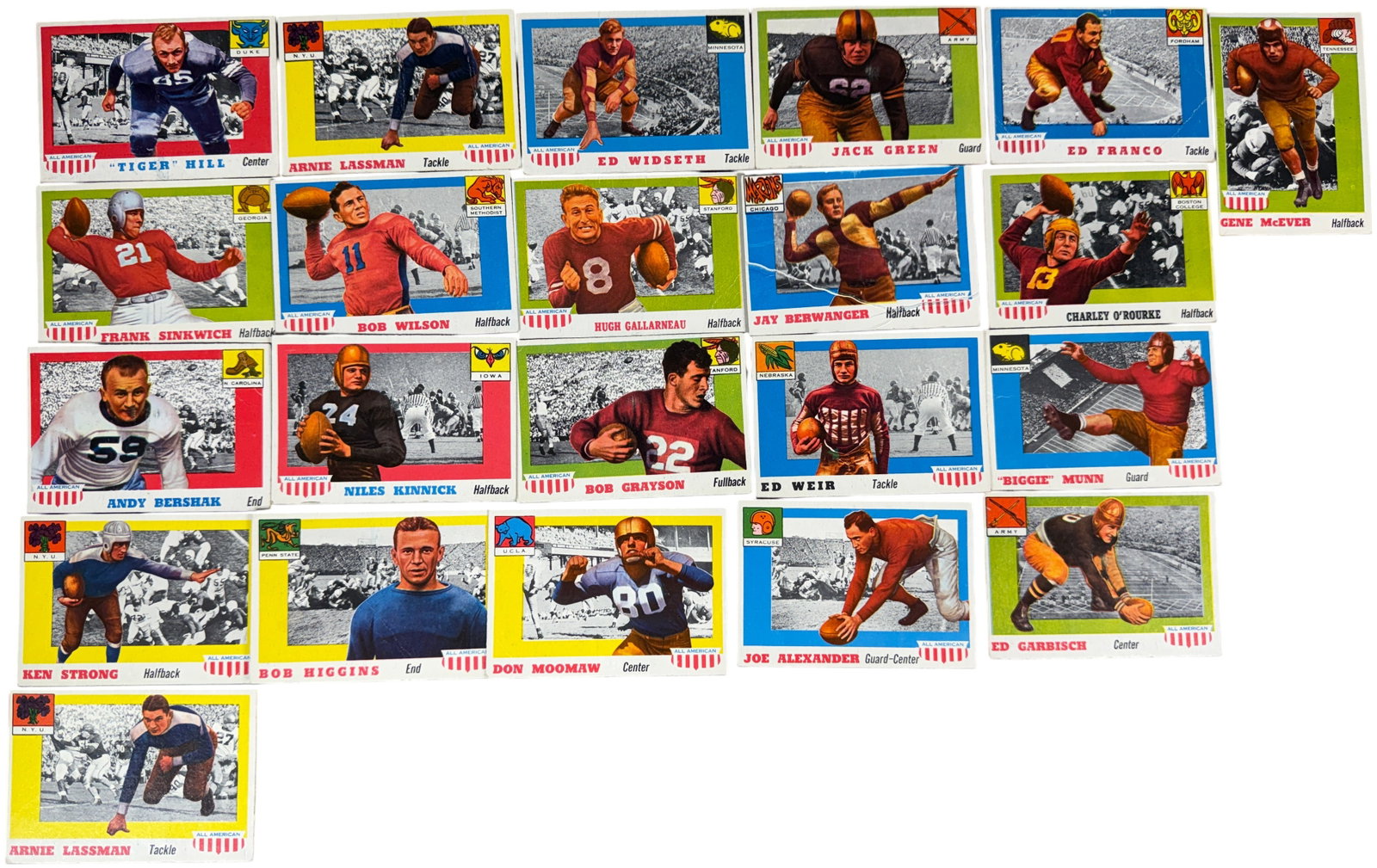 A Collection of 1955 Topps All-American Football Trading Cards: A collection of twenty-two 1955 Topps All-American football cards featuring prominent college players and early legends of the sport. This series is known for its distinctive color-tinted photography 