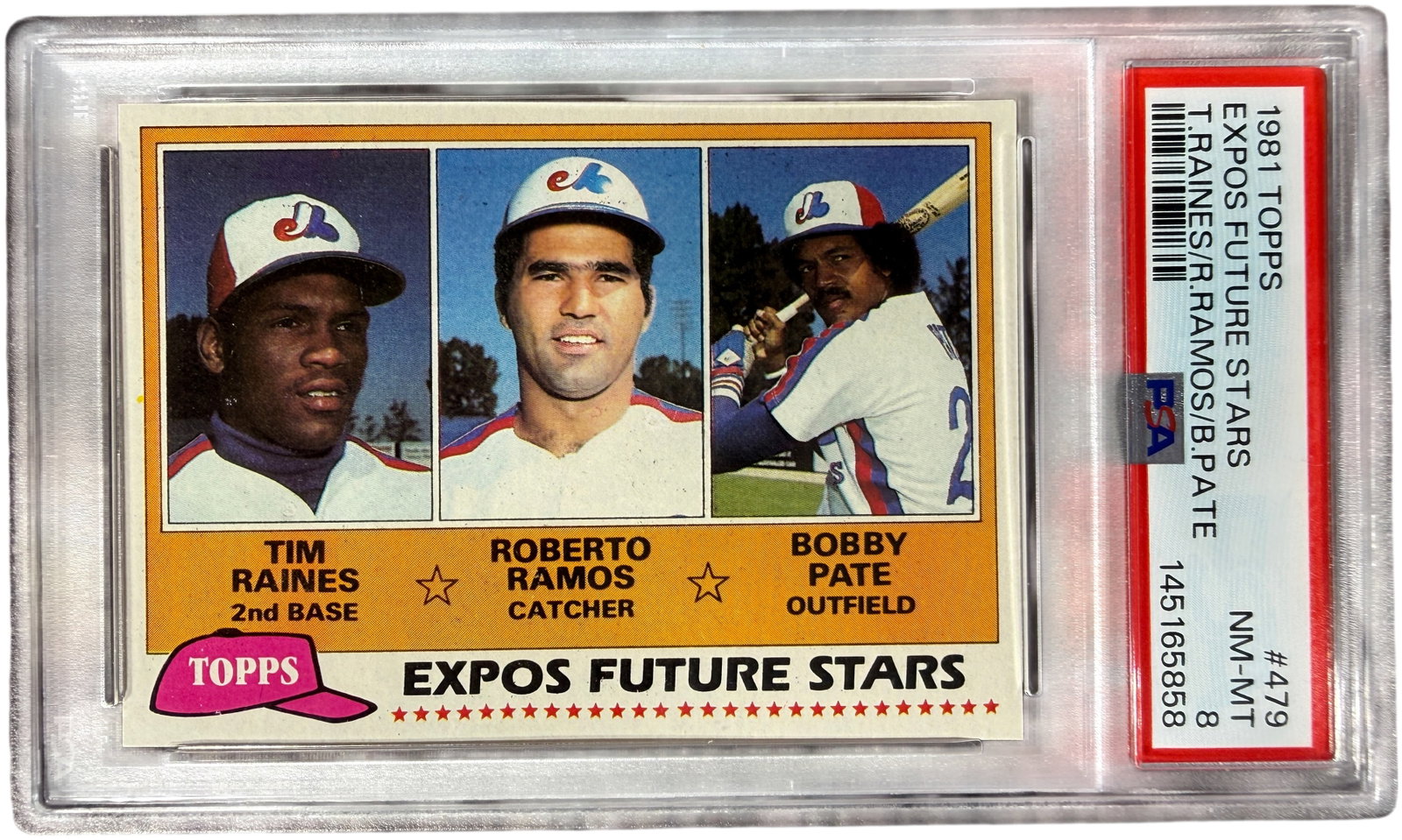 1981 Topps 479 Expos Future Stars Tim Raines Rookie Card PSA 8 NM-MT: This 1981 Topps baseball trading card, number 479, is an offset lithograph on cardstock titled Expos Future Stars. It features the rookie card of Hall of Famer Tim Raines, depicted alongside teammates