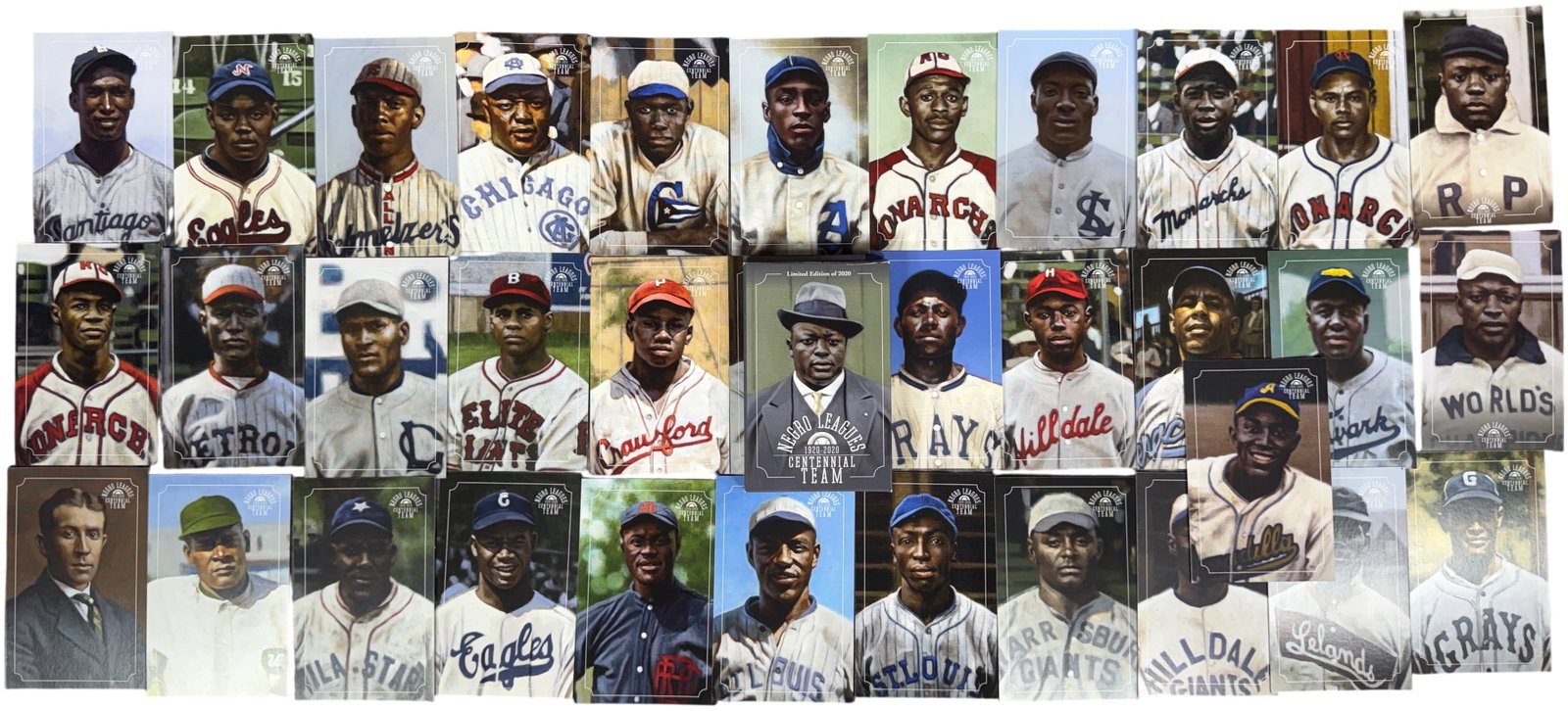 A Set of Negro Leagues Centennial Team 1920-2020 Limited Edition Art Cards by Graig Kreindler: A set of commemorative oversized art cards produced by Dreams Fulfilled LLC in collaboration with the Negro Leagues Baseball Museum. This limited edition collection celebrates the 100th anniversary of