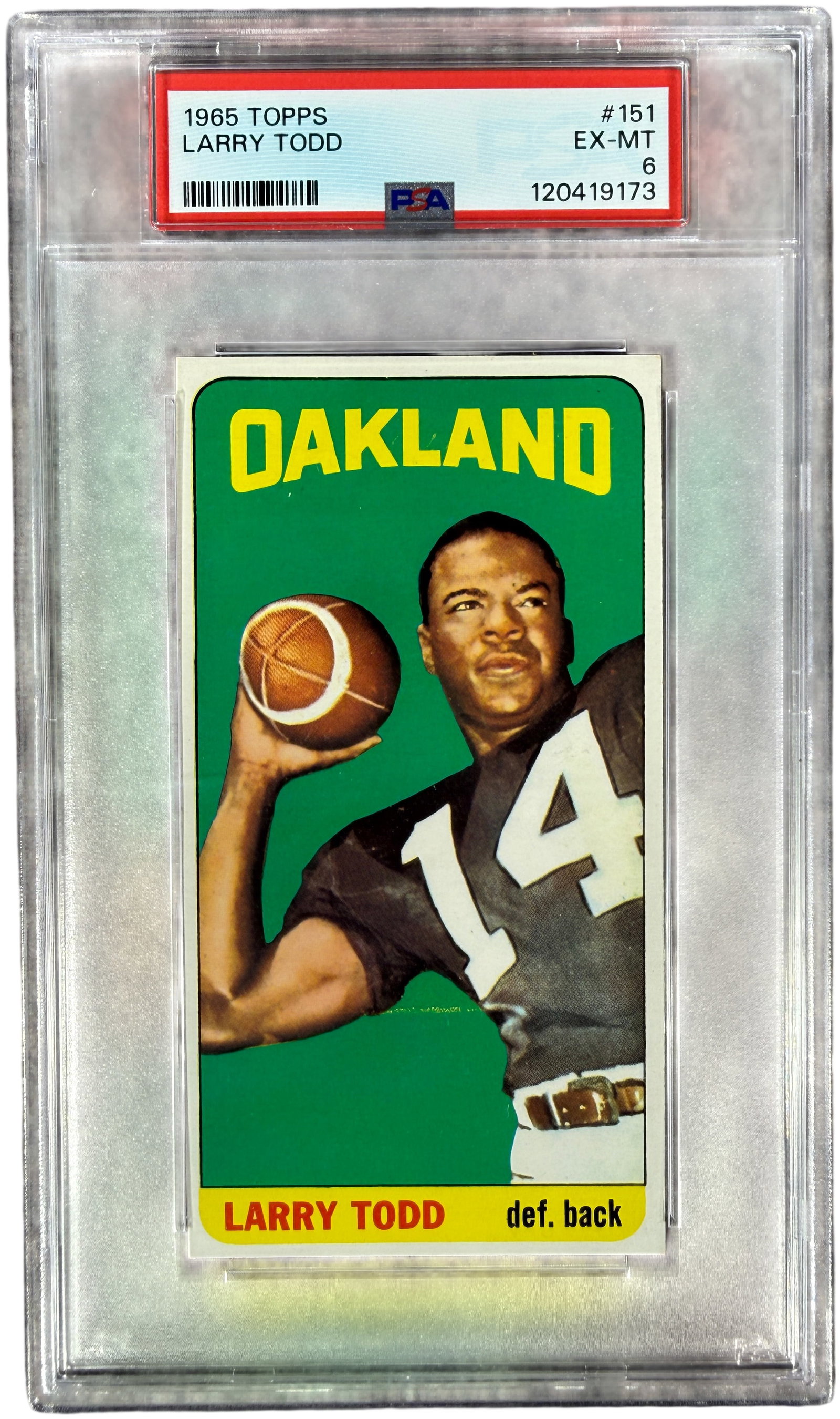 1965 Topps Football Larry Todd Rookie Card #151 Short Print PSA 6 EX-MT: This is a professionally graded 1965 Topps football card number 151 featuring Larry Todd of the Oakland Raiders. This card is part of the iconic oversized Tall Boy set and serves as Larry Todd's rooki