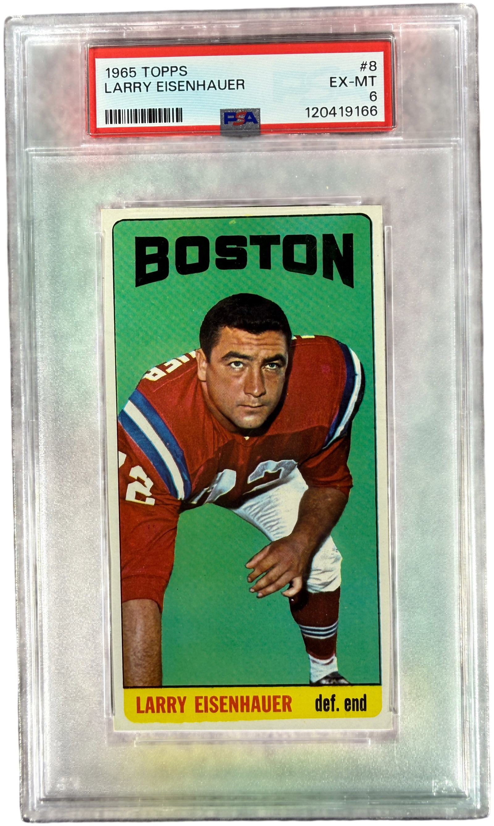 1965 Topps Football #8 Larry Eisenhauer Boston Patriots Short Print PSA 6 EX-MT: This professionally authenticated 1965 Topps football card features Larry Eisenhauer of the Boston Patriots. Identified as card number 8 in the series, this is a short print from the distinctively ove