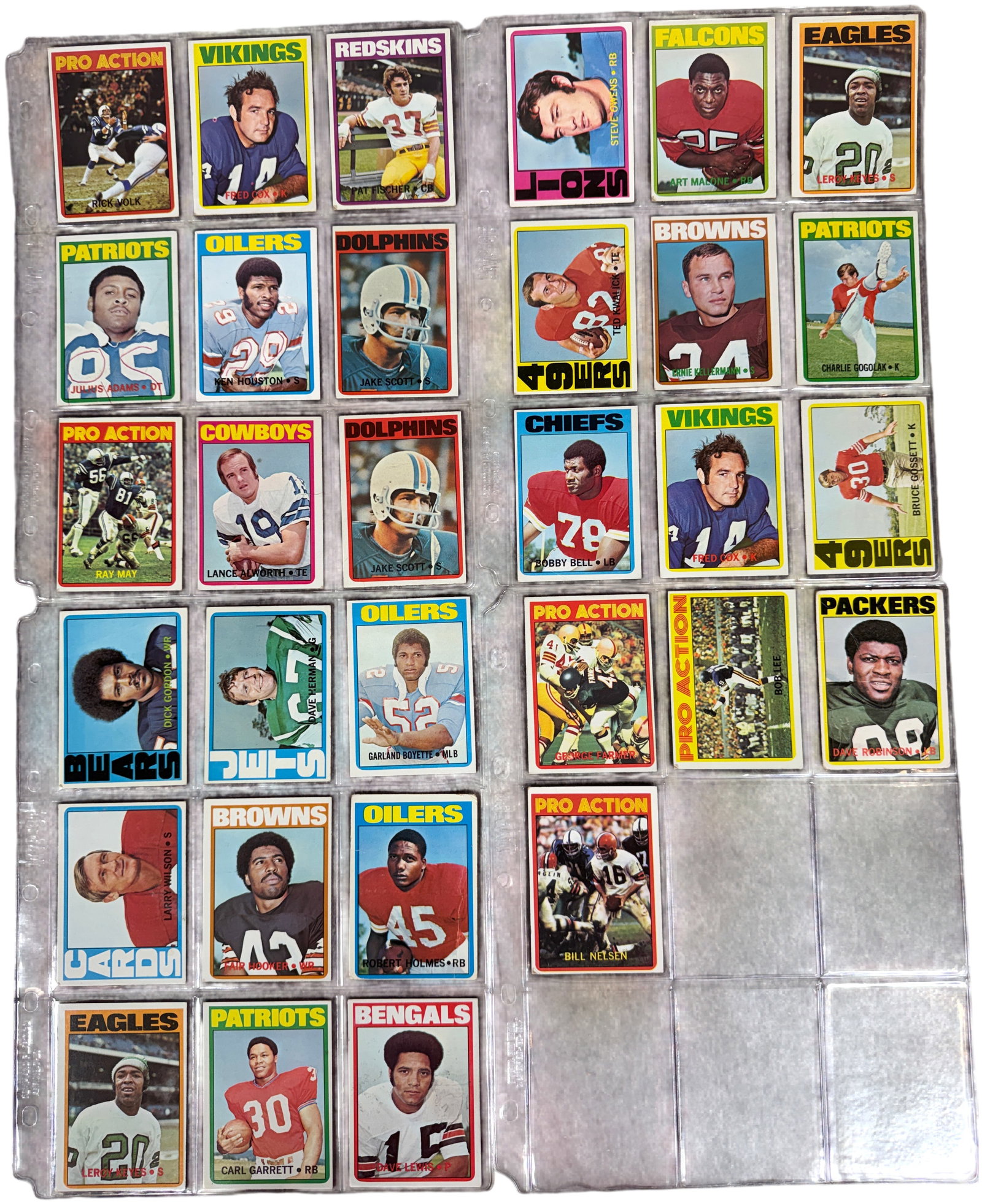 A Collection of Vintage 1972 Topps Football Trading Cards: A collection of original 1972 Topps football trading cards featuring various players from the NFL and AFL. These cards are characterized by the distinct archway-themed borders on the fronts and the bl