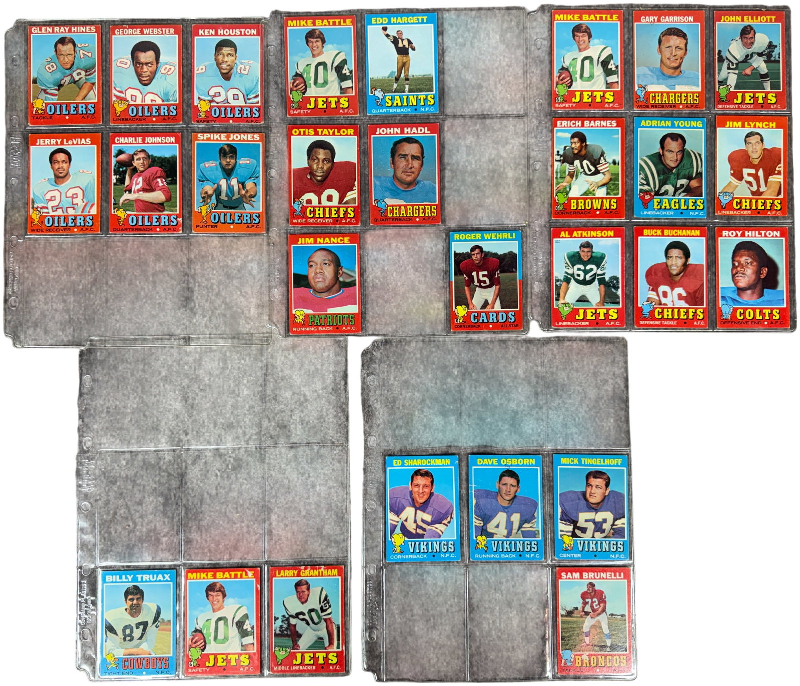 A Collection of 1971 Topps Football Cards Including Hall of Famers: A collection of 1971 Topps football trading cards featuring players from various NFL and AFC teams. The cards are constructed of standard cardstock and are characterized by their bold red, blue, or or