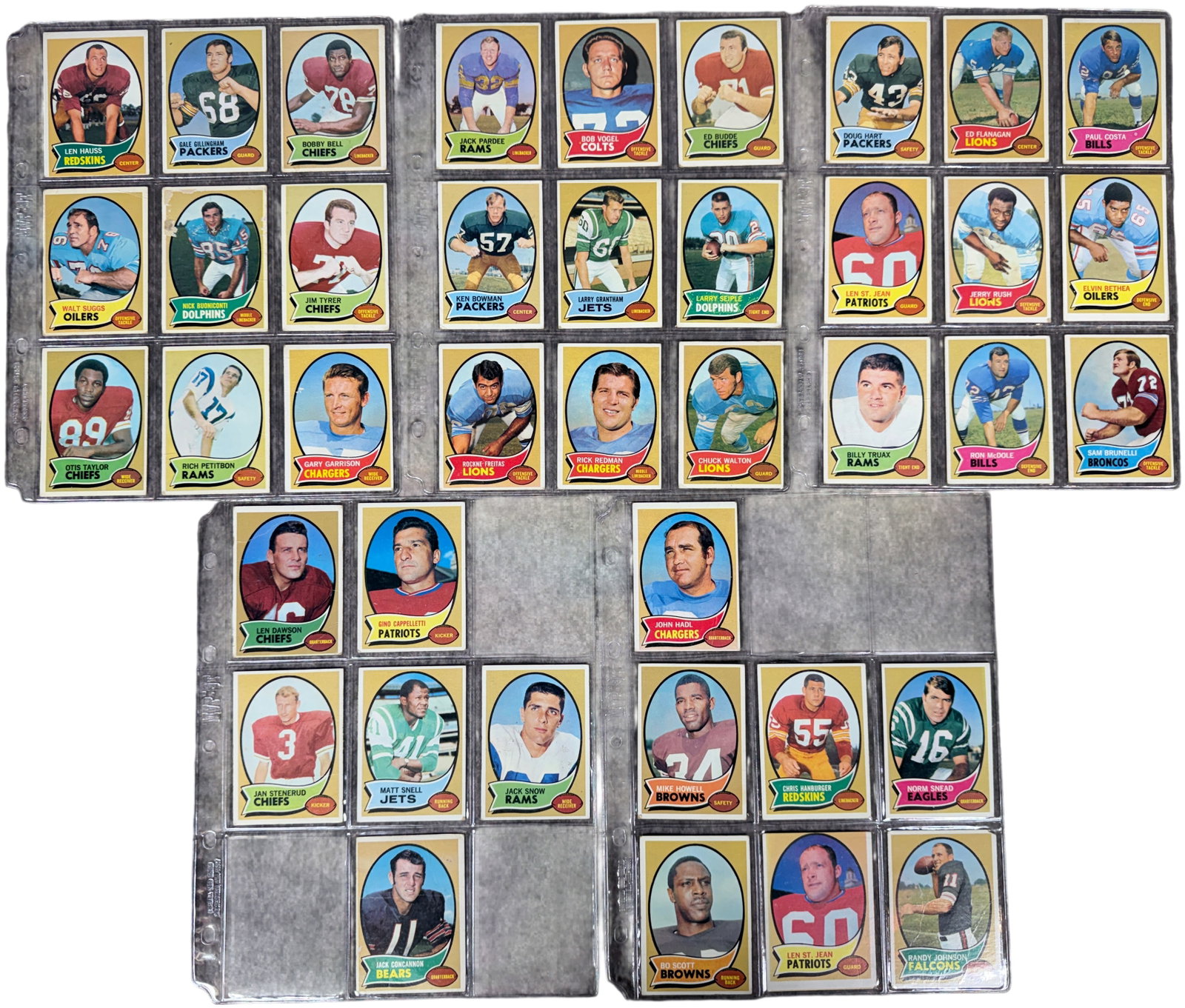 A Collection of 1970 Topps Football Cards Featuring Hall of Famers and Stars: A collection of vintage American football trading cards issued by Topps in 1970. The card design features a centered oval player portrait within a tan or gold border, a colored ribbon-style nameplate 