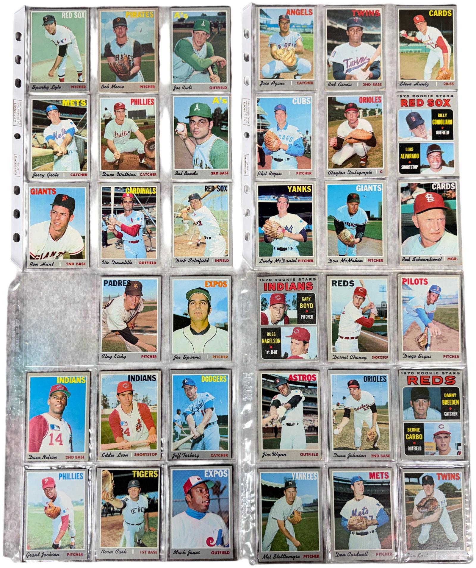 A Collection of Original 1970 Topps Baseball Cards Including Hall of Famers and Rookie Stars: This group consists of original 1970 Topps baseball cards. The 1970 Topps set is identifiable by its distinctive gray borders, large block-lettered team names, and script-font player names. This colle