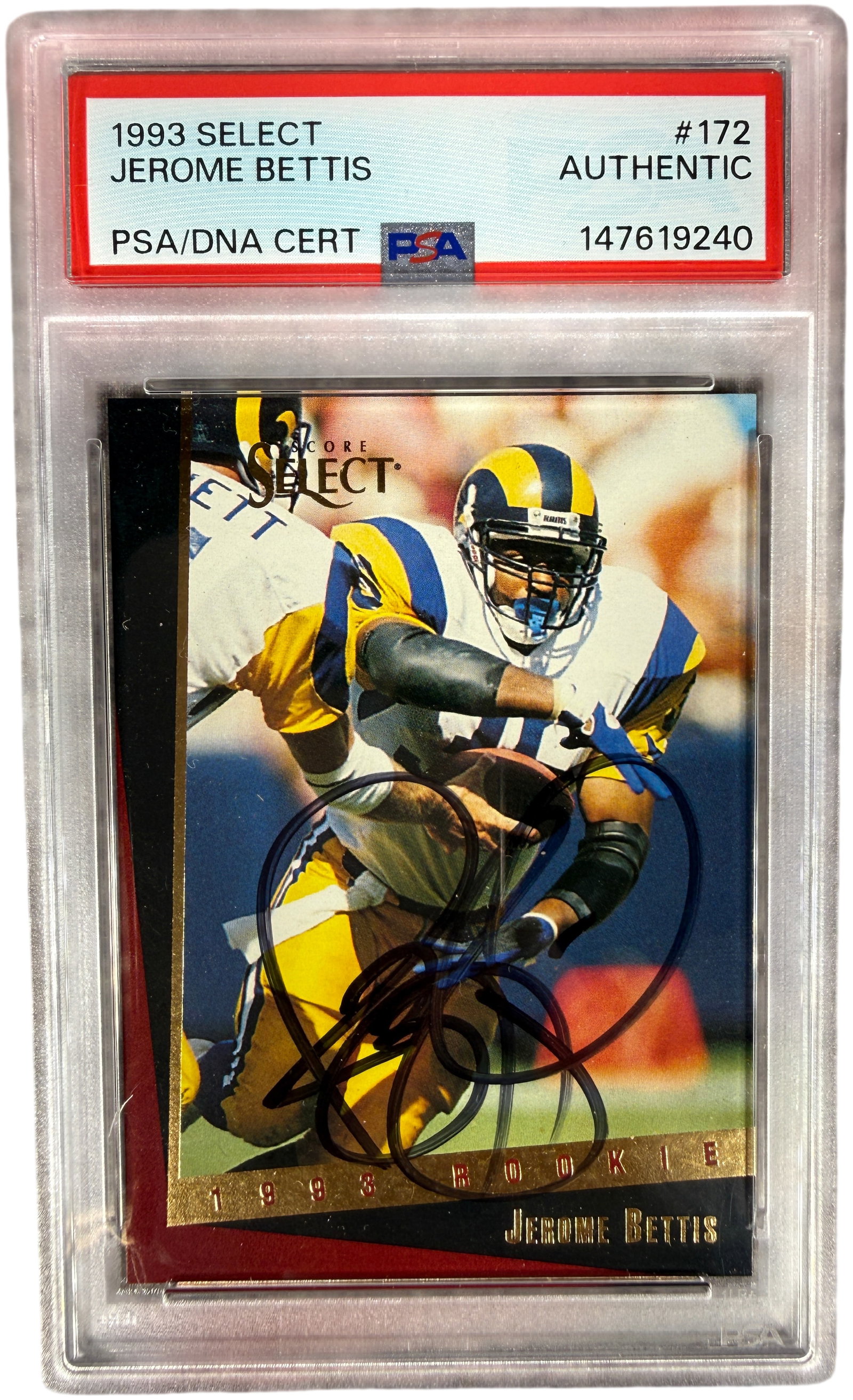 1993 Score Select Jerome Bettis Rookie Card #172 Signed Autographed PSA/DNA Authentic: This is a 1993 Score Select football trading card featuring Jerome Bettis during his rookie season with the Los Angeles Rams. The card is identified as number 172 in the set and is explicitly designat