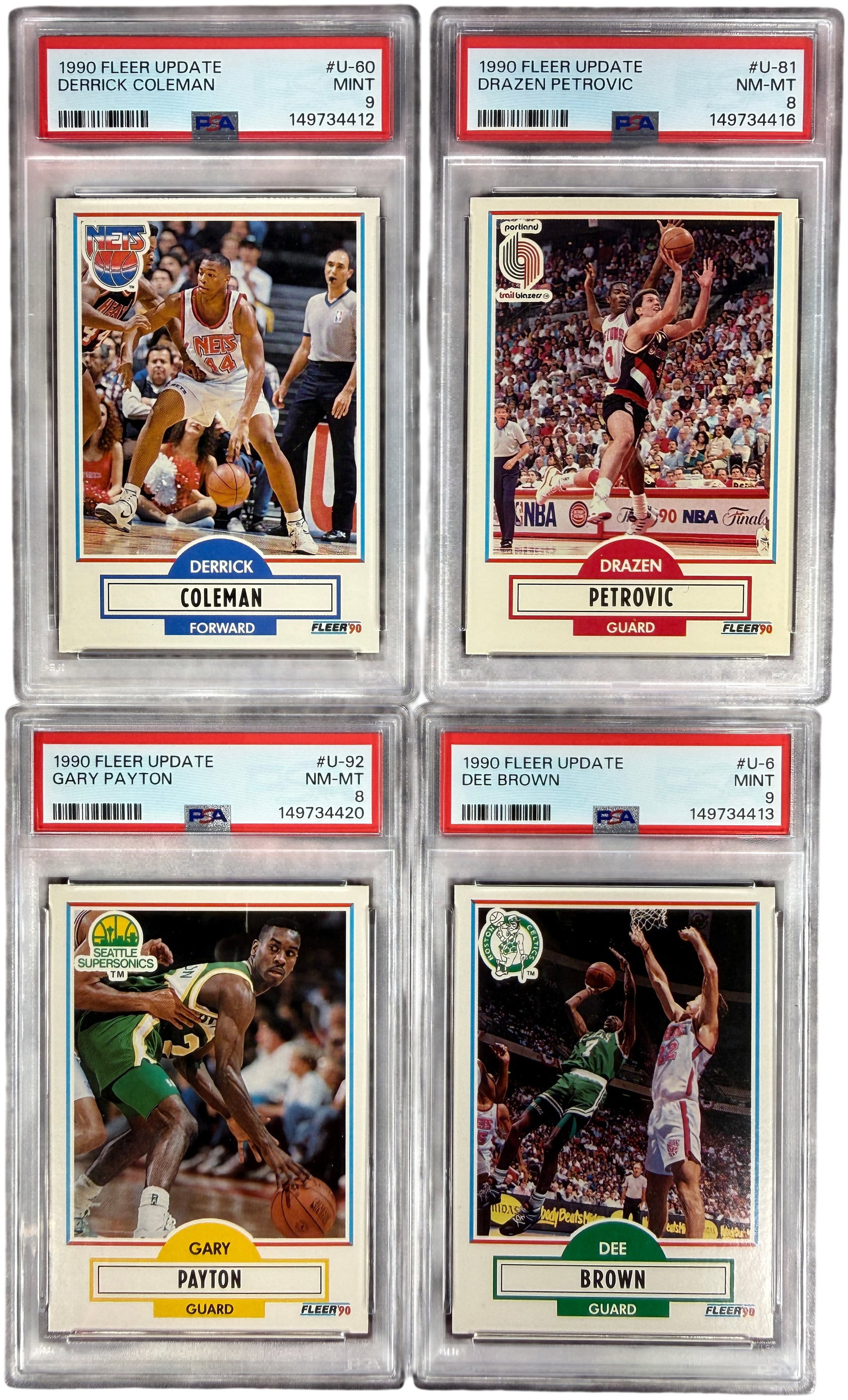 A Collection of 1990 Fleer Update Basketball Cards PSA Graded Including Gary Payton and Drazen: This collection consists of multiple professionally graded basketball cards from the 1990 Fleer Update set, each encapsulated in a protective slab by Professional Sports Authenticator (PSA). The assor