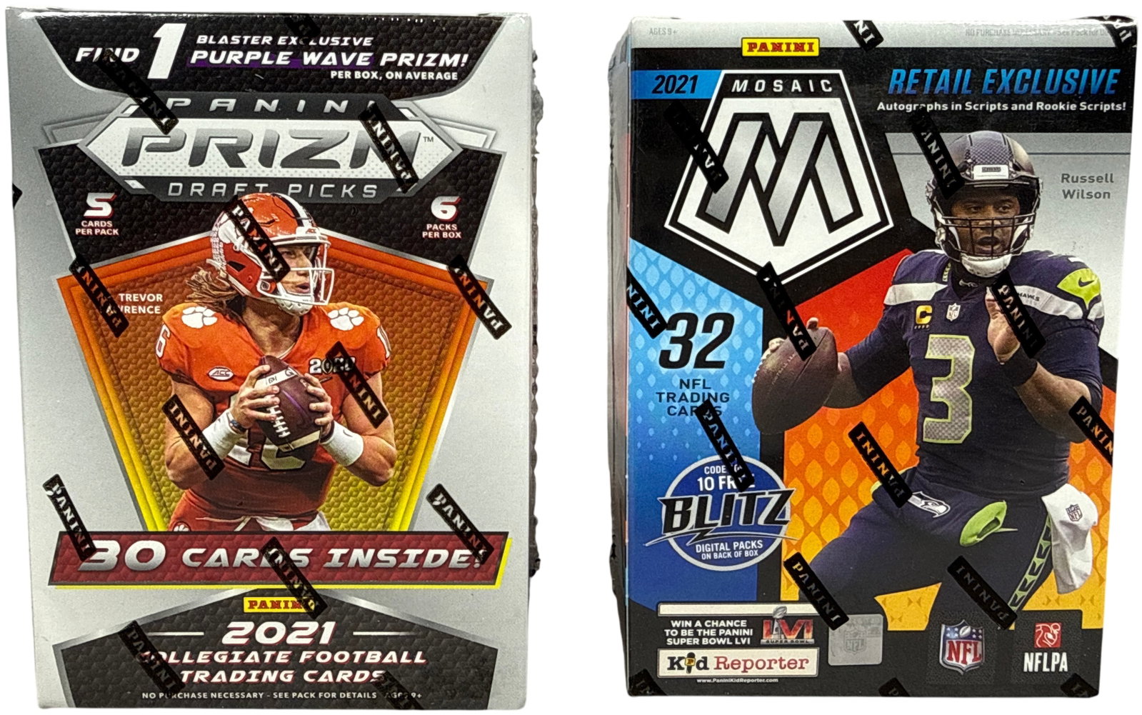 Factory Sealed 2021 Panini Football Trading Card Boxes including Prizm Draft Picks and Mosaic Retail: This lot consists of factory-sealed boxes of 2021 Panini football trading cards. The first item is a 2021 Panini Prizm Draft Picks Collegiate Football Blaster Box. The packaging features Clemson Unive