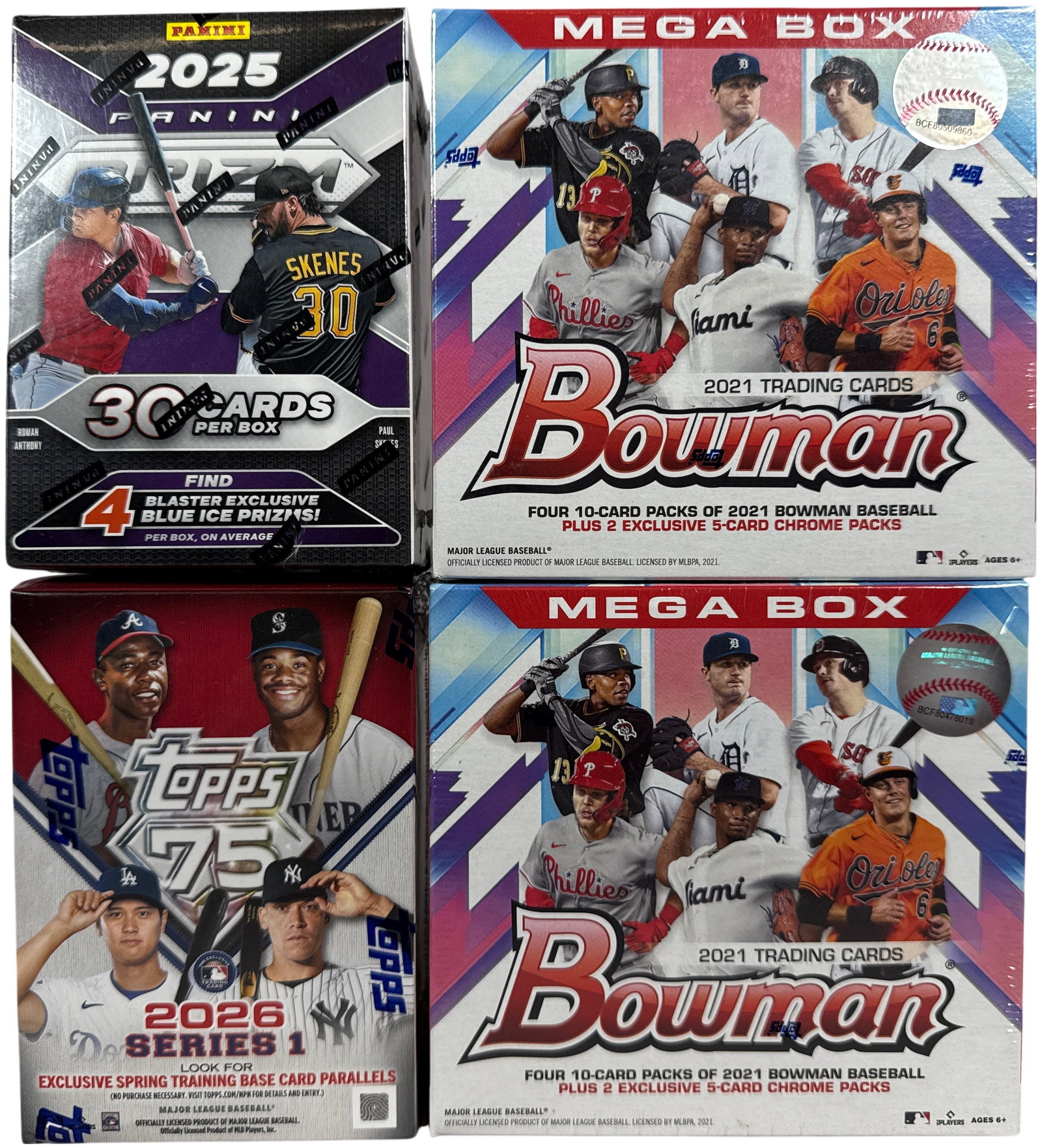 A Collection of Factory Sealed Baseball Trading Card Boxes Including Panini Prizm, Topps Series 1,: This collection consists of factory-sealed baseball trading card boxes from Panini and Topps. The first item is a 2025 Panini Prizm Baseball Blaster Box containing a total of cards distributed across 