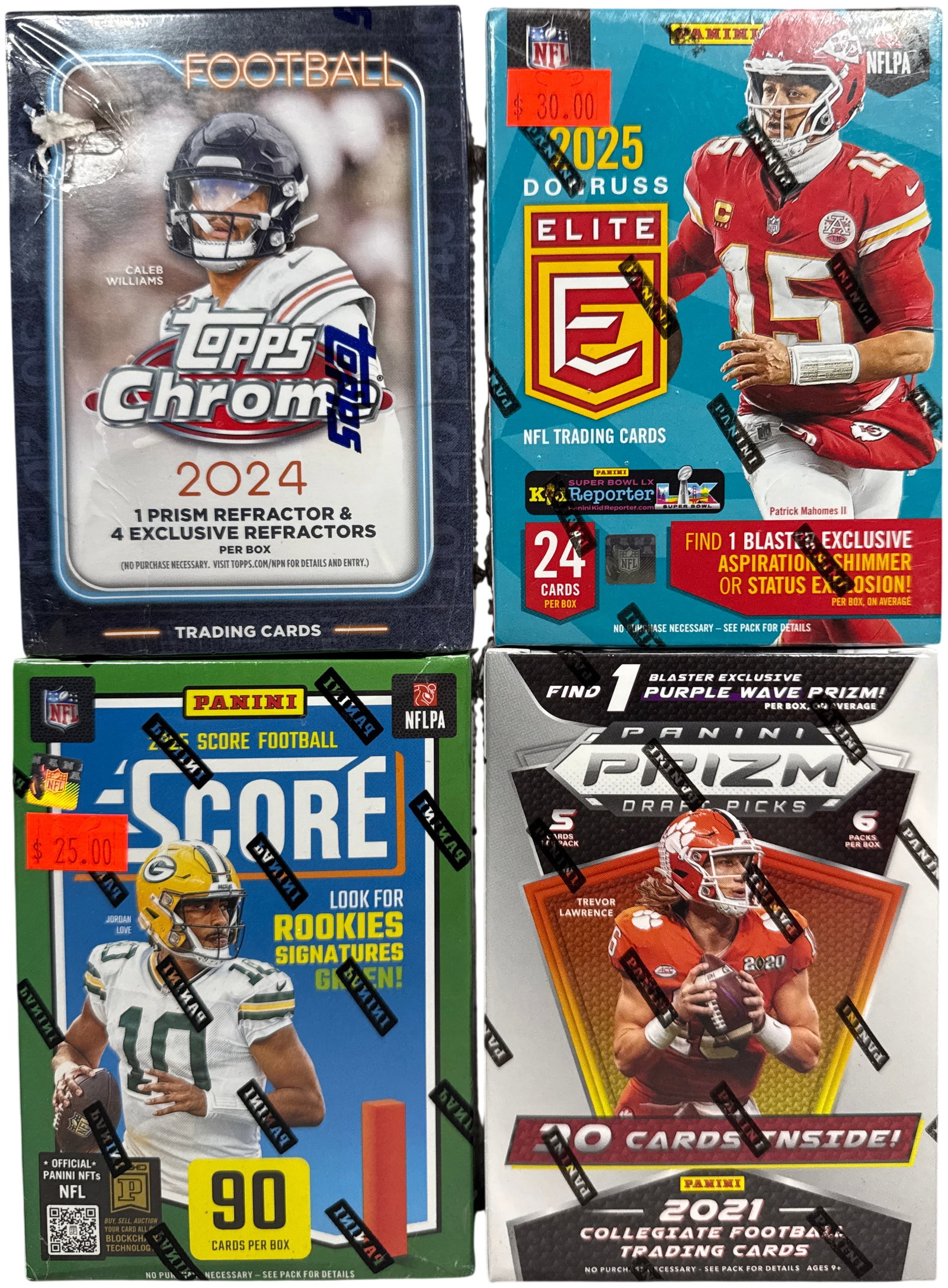 A Collection of Factory-Sealed Panini and Topps Football Trading Card Blaster Boxes: This collection consists of factory-sealed football trading card blaster boxes from manufacturers Panini and Topps, featuring various releases from 2021 to 2025. The first item is a 2025 Panini Donrus