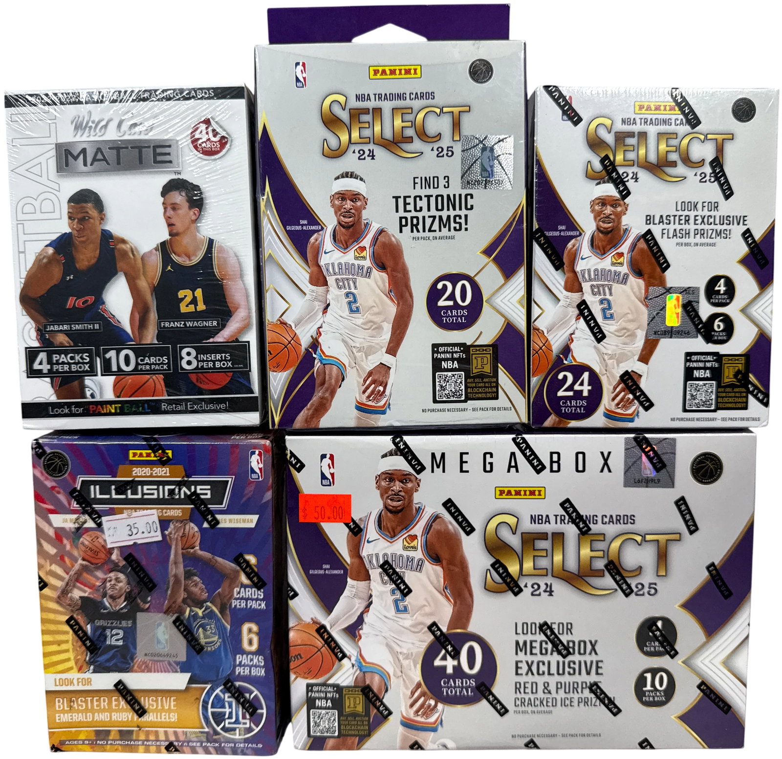 A Collection of Factory-Sealed Panini and Wild Card Basketball Trading Card Boxes: This collection consists of factory-sealed retail boxes of basketball trading cards from the 2020-21, 2022-23, and 2024-25 seasons. The assortment includes products from Panini and Wild Card. The 2024