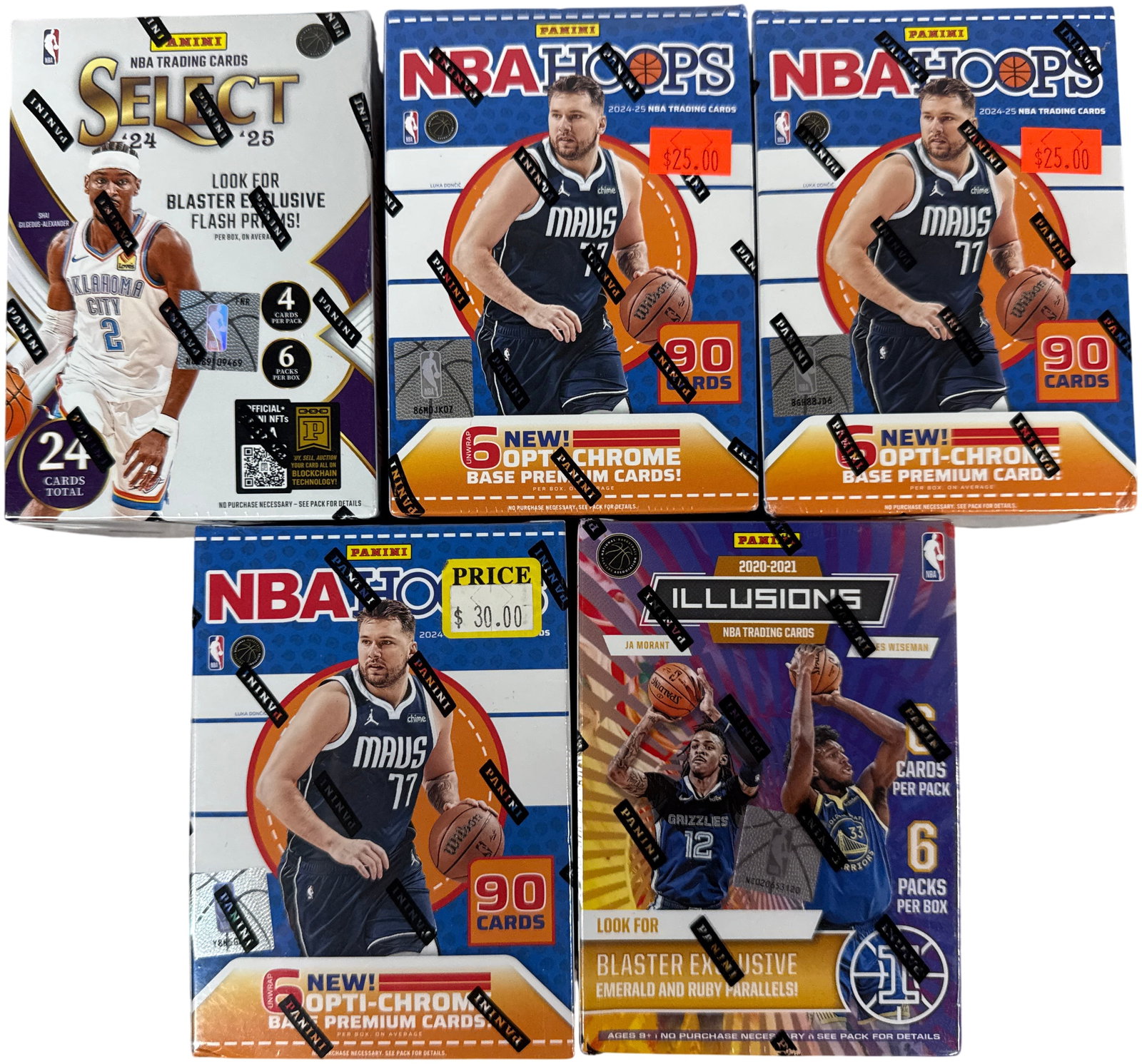 A Group of Factory-Sealed Panini NBA Basketball Blaster Boxes Including 2024-25 Select, 2024-25 NBA: This collection consists of factory-sealed Panini NBA basketball trading card blaster boxes from the 2020-21 and 2024-25 seasons. The group includes one 2024-25 Panini Select NBA Blaster Box featuring
