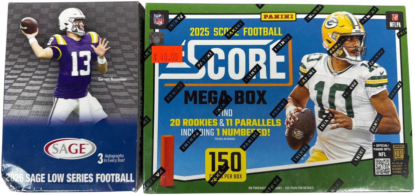 Factory Sealed Football Trading Card Boxes Including 2025 Panini Score and 2026 SAGE: This lot features factory-sealed football trading card boxes from Panini and SAGE. The first item is a 2025 Panini Score Football Mega Box featuring Jordan Love of the Green Bay Packers on the cover. 